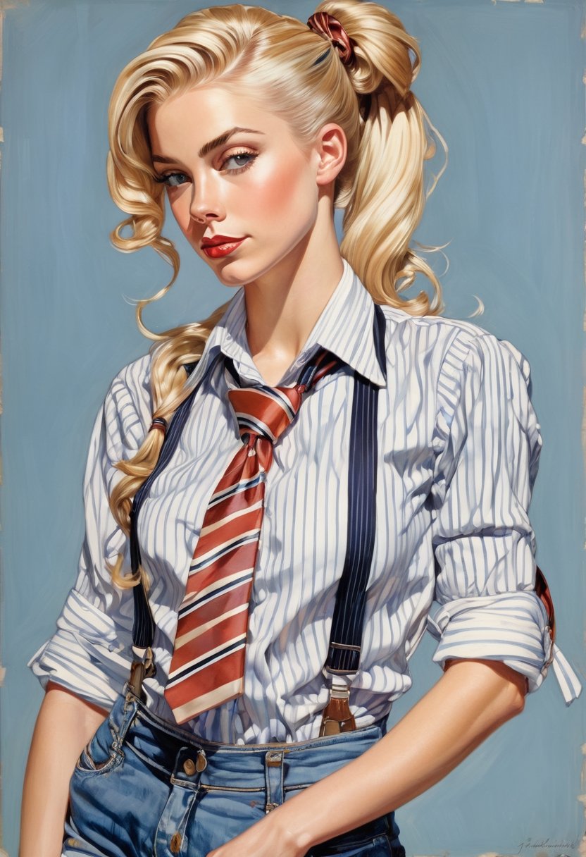 Photo of  tomboyish blonde. art by J.C. Leyendecker, Canon 5d Mark 4, Kodak Ektar, Her hair is tied in a ponytail. She's wearing a striped shirt,  with the sleeves rolled up,  and a necktie. She's also wearing jeans with suspenders