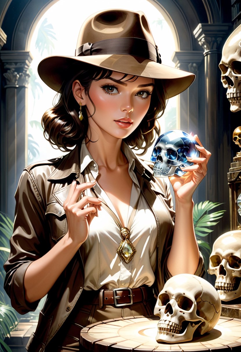 Art work. Woman dressed as Indiana Jones,  with fedora hat, holding crystal skull. Art by Makoto Shinkai, art by J.C. Leyendecker, Canon 5d Mark 4, Kodak Ektar