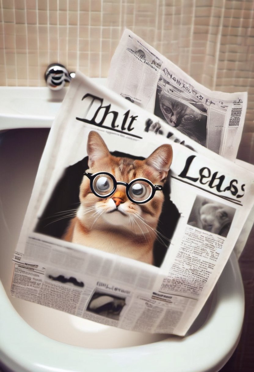 Photo of a cat, wearing bifocals, reading newspaper, sitting on a toilet