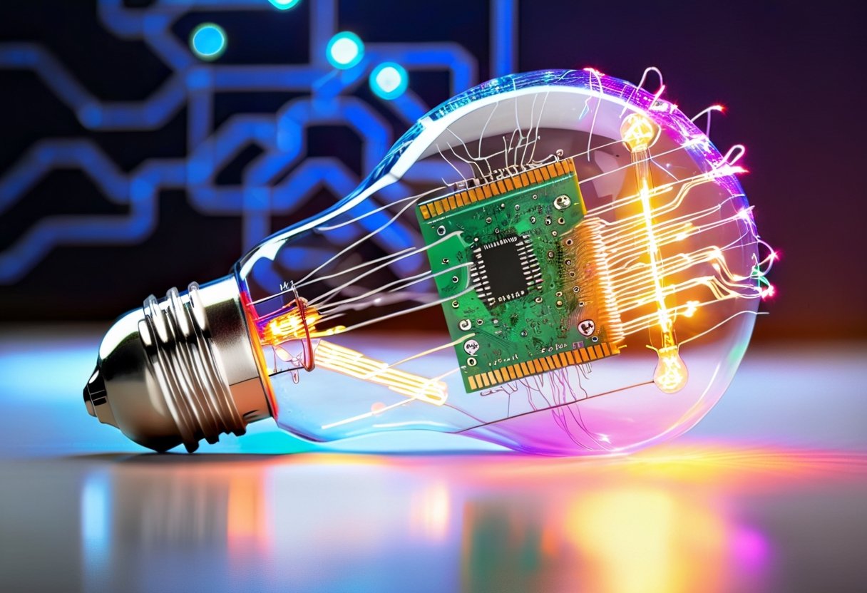 Lightbulb with circuit board and LED filament inside, lying on on shiny, reflective suprface, vibrant color, glowing electrical sparks flying, 3l3ctronics