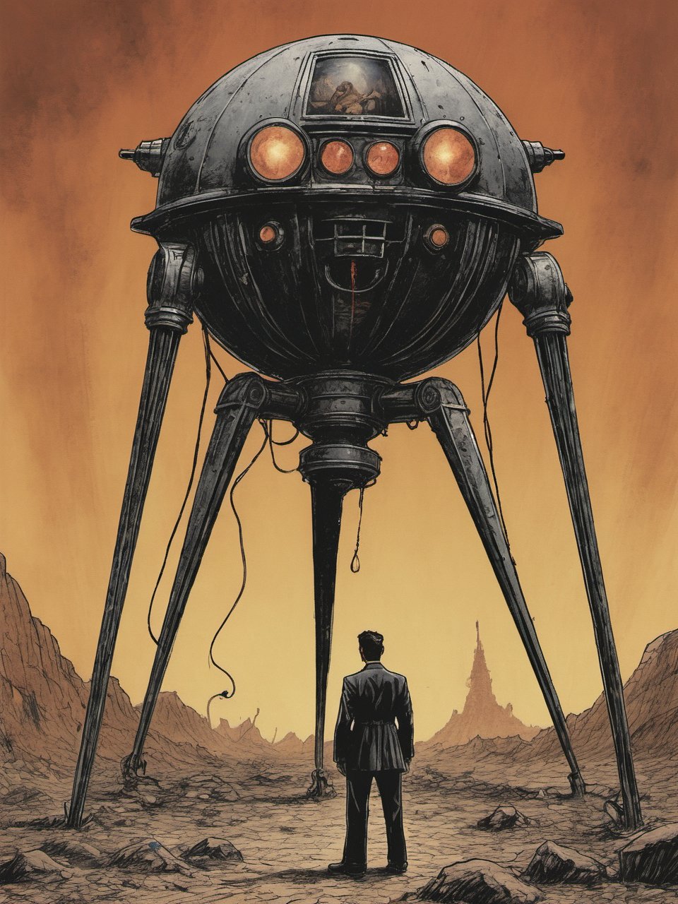 Closeup of the frightened narrator of War of the World, looking up at a Martian Tripod Machine with three legs