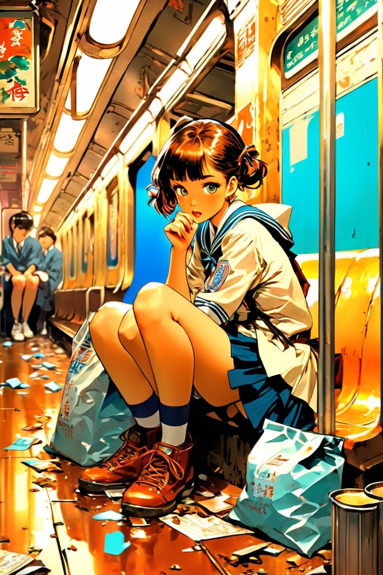 anime artwork, Japanese school girl, sitting on subway, blue interior, rust, garbage on the floor, broken bottles, art by J.C. Leyendecker . anime style, key visual, vibrant, studio anime, highly detailed