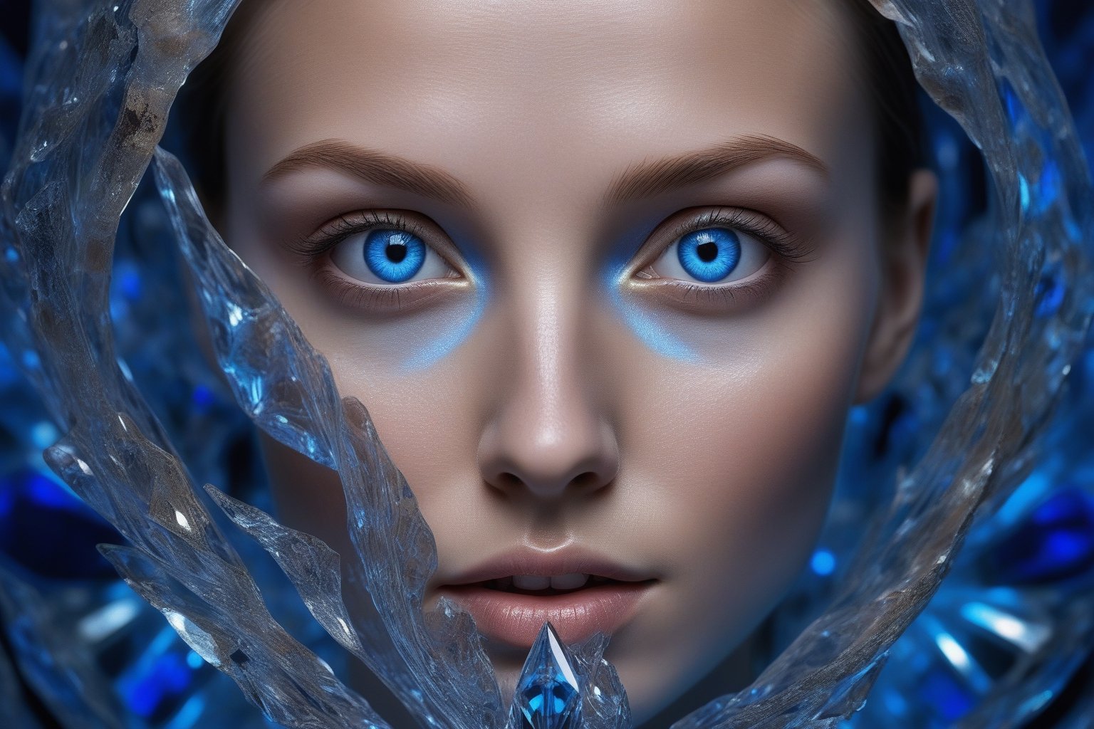 a woman's face, bright blue eyes, bathed in a radiant glow, with her features artistically distorted by a complex blue crystal pattern resembling a III-nitride photonic crystal. This pattern should amplify the light from her skin, resulting in a captivating display of luminescence. Her eyes, wide and filled with wonder, should appear to look deeply into the viewer's soul, conveying an invitation to appreciate the profound beauty of this scientific marvel