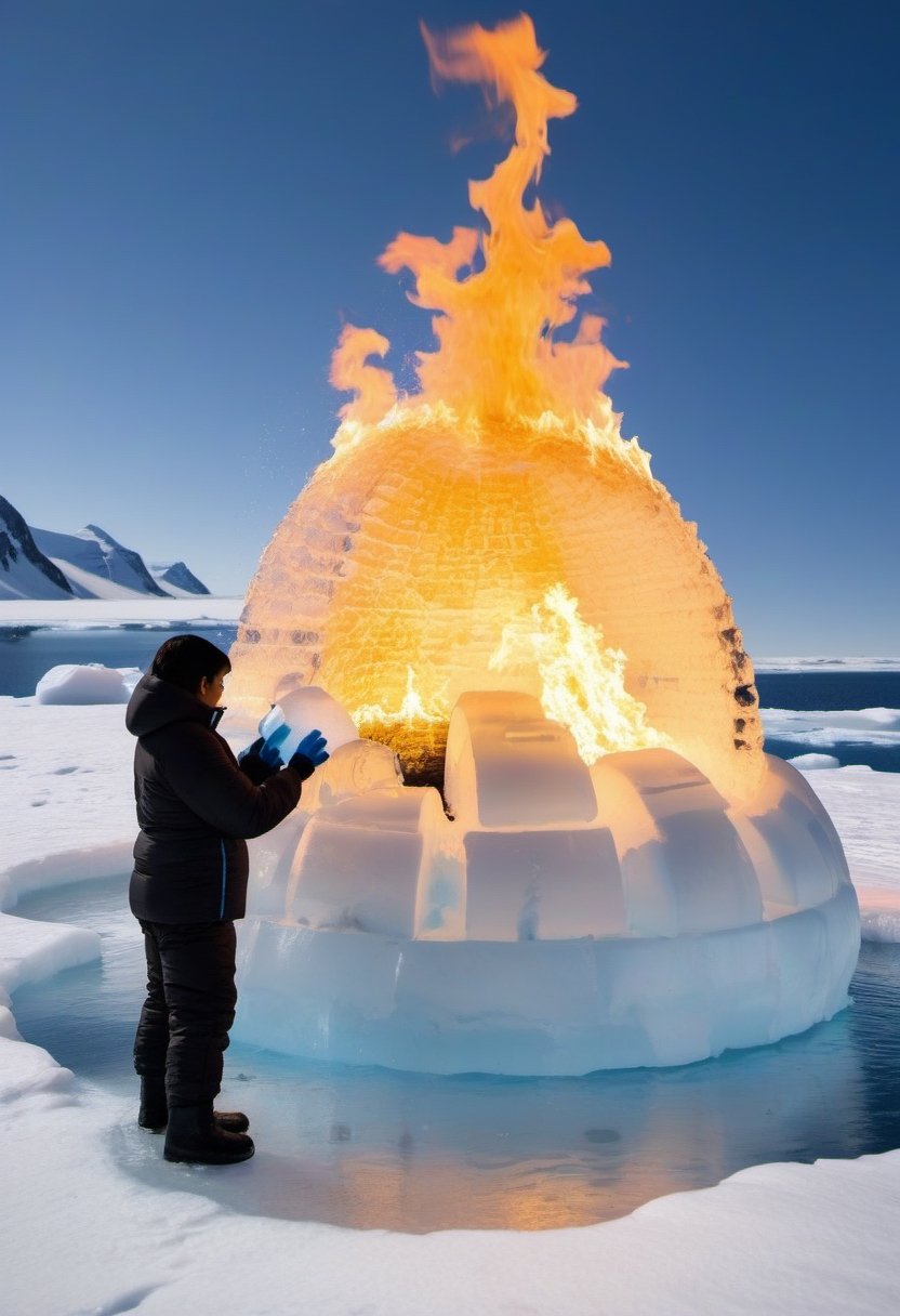 An inuit looking at a burning Igloo made of ice and water, melting, pool of water on ice,made of water