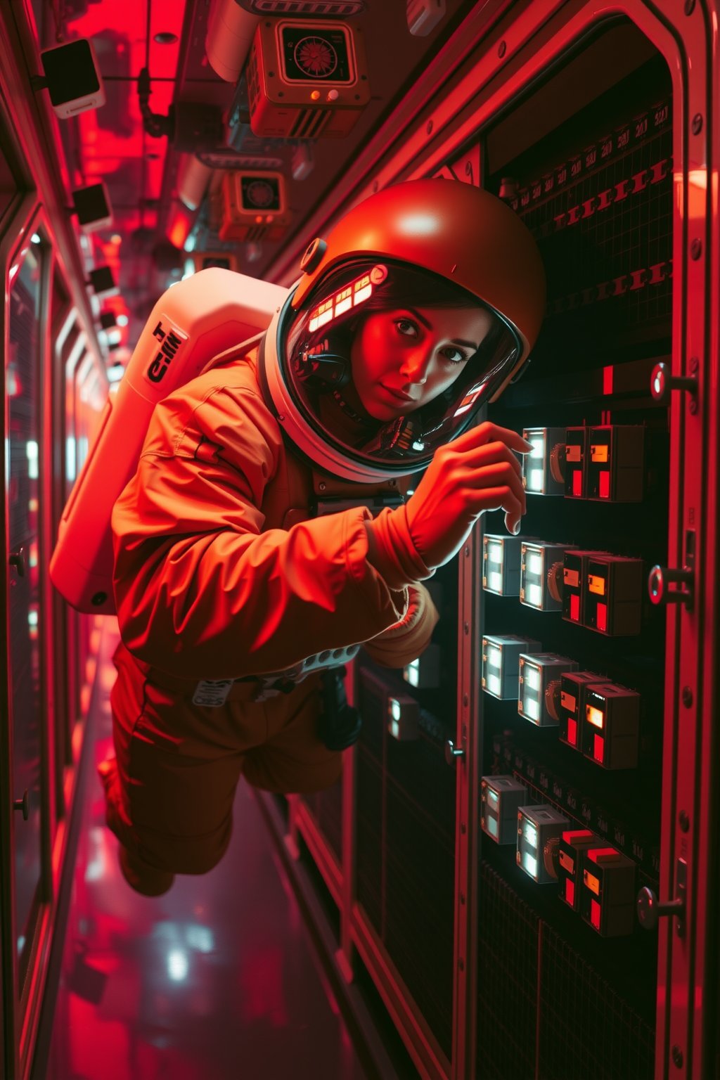 A female astronaut in an orange spacesuit is floating inside a dimly lit spaceship. She is carefully removing rectangular components from a wall panel filled with glowing lights, each piece sliding out one by one. The corridor is bathed in a red glow, with reflections of light creating a tense atmosphere. The astronaut's face is partially visible through her helmet, showing focus and determination as she works to disable the system. The background features the same iconic grid pattern, emphasizing the cold, mechanical nature of the environment."