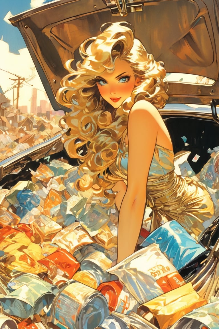 anime artwork, open trunk of a car, filled with trash, Woman, long hair, art by J.C. Leyendecker, anime style, key visual, vibrant, studio anime, highly detailed