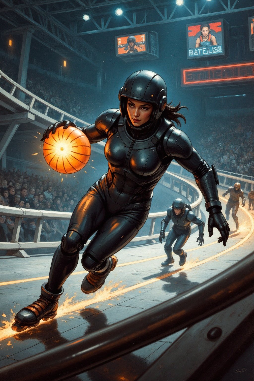 Oil painting. Battle Angel Alita competing in a high-speed Motorball game, similar to Rollerball. Alita, wearing her iconic sleek cyborg armor and padded helmet, races through the winding rollercoaster like Motorball track on rollerblades, gripping the glowing basketball like gadget in one hand. The arena is a high-tech, metallic environment with neon lights, massive crowds, and a gritty, industrial vibe. In the background, other cybernetic players chase after her, each equipped with various mechanical enhancements designed for speed and combat. Sparks fly from Alita's blades as she speeds around a sharp curve, with the atmosphere of the scene reflecting the intensity, competition, and danger of the Motorball game. The overall aesthetic is bold, dynamic, and futuristic, with a mix of cyberpunk elements and action-packed energy 