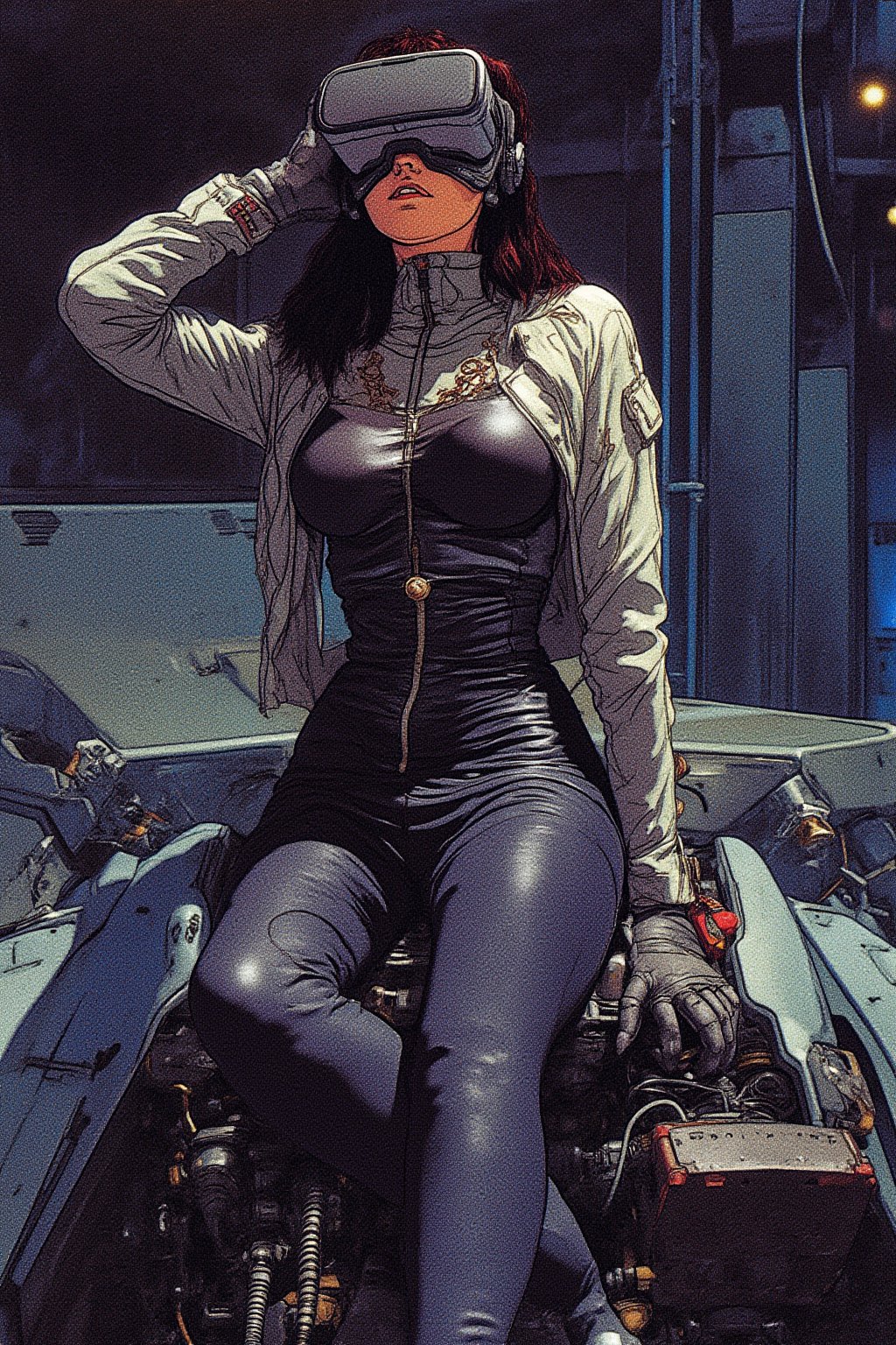 A striking, futuristic scene depicts a woman dressed in sleek, form-fitting leather attire, sitting confidently atop an open power suit, inspired by the cyberpunk aesthetics of Masamune Shirow. The power suit, a blend of advanced technology and military-grade armor, features intricate mechanical details, exposed wiring, and a robust, yet streamlined design. The woman, wearing a cutting-edge VR headset, exudes a sense of control and mastery over the machine beneath her. Her posture is relaxed yet commanding, with one hand resting on the suit’s metallic surface and the other casually holding a piece of advanced tech. The background is a high-tech industrial setting, with dim lighting that casts dramatic shadows, highlighting the fusion of human and machine. The overall atmosphere is one of futuristic coolness and cybernetic elegance, capturing the essence of Shirow’s iconic 