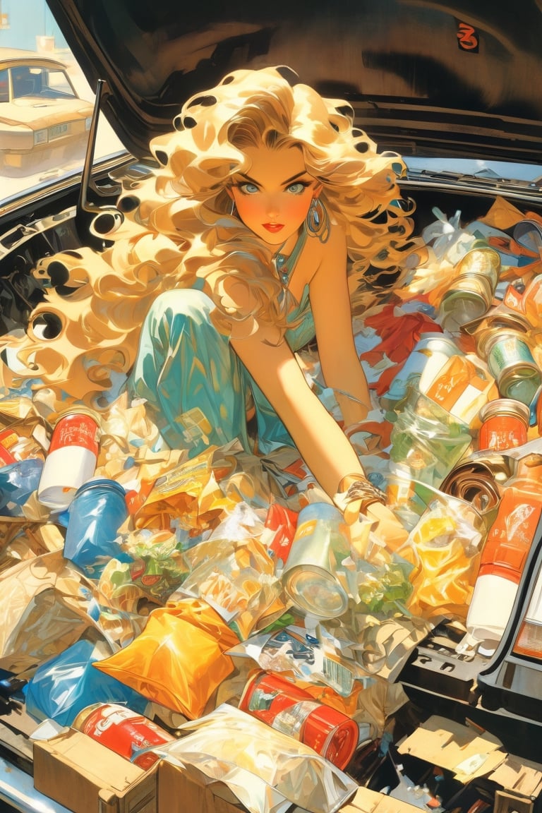 anime artwork, open trunk of a car, filled with trash, Woman, long hair, art by J.C. Leyendecker, anime style, key visual, vibrant, studio anime, highly detailed