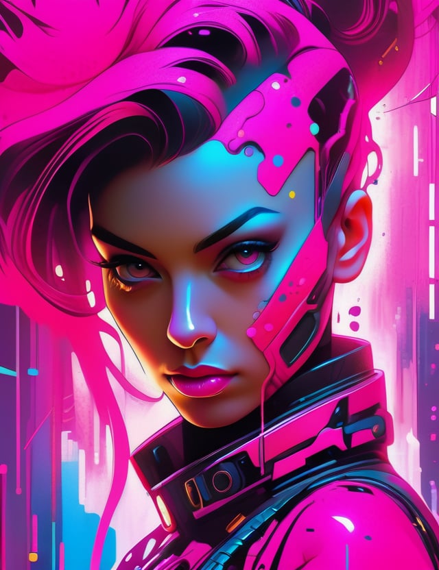 Anime artwork. Portrait of a woman in pink cyberpunk suit, in the style of crisp neo-pop illustrations, swirling colors, bold and colorful portraits, uhd image, futuristic victorian, splattered/dripped, realistic hyper-detail , Mysterious