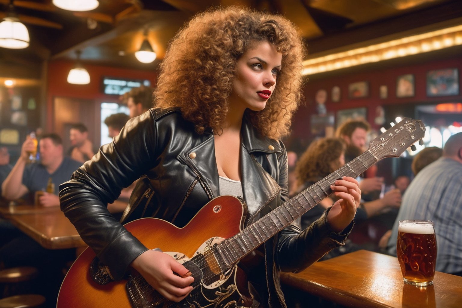 Dutch Angle. Closeup Photo of a caucasian woman with curly hair, leather jacket and mini skirt playing guitar in a bar. Background is a fat man drinking beer. Style by J.C. Leyendecker. Canon 5d Mark 4, Kodak Ektar, 35mm 