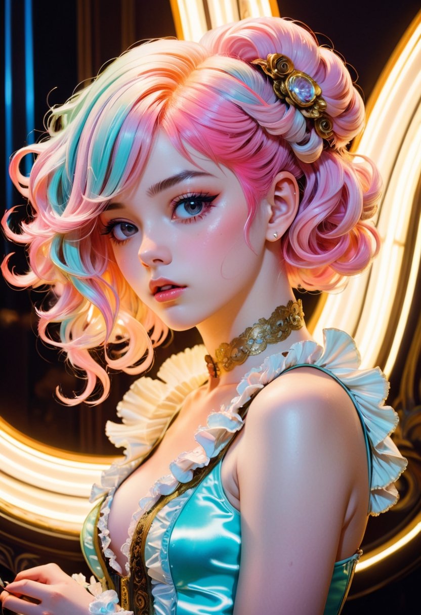 anime_artwork, rococo, grand_photograph, polaroid, annoyed_girl, neon_glowing_hair, canon_5d_mark_4, neon_light, kodak_ektar, flamboyant, pastel_colors, curved_lines, elaborate_detail, rococo, art by j.c. leyendecker