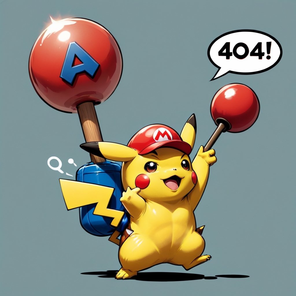 "404" TEXT LOGO. Pikachu dressed as Super Mario,  lifting a plunger. Comic strip speech bubble "404"