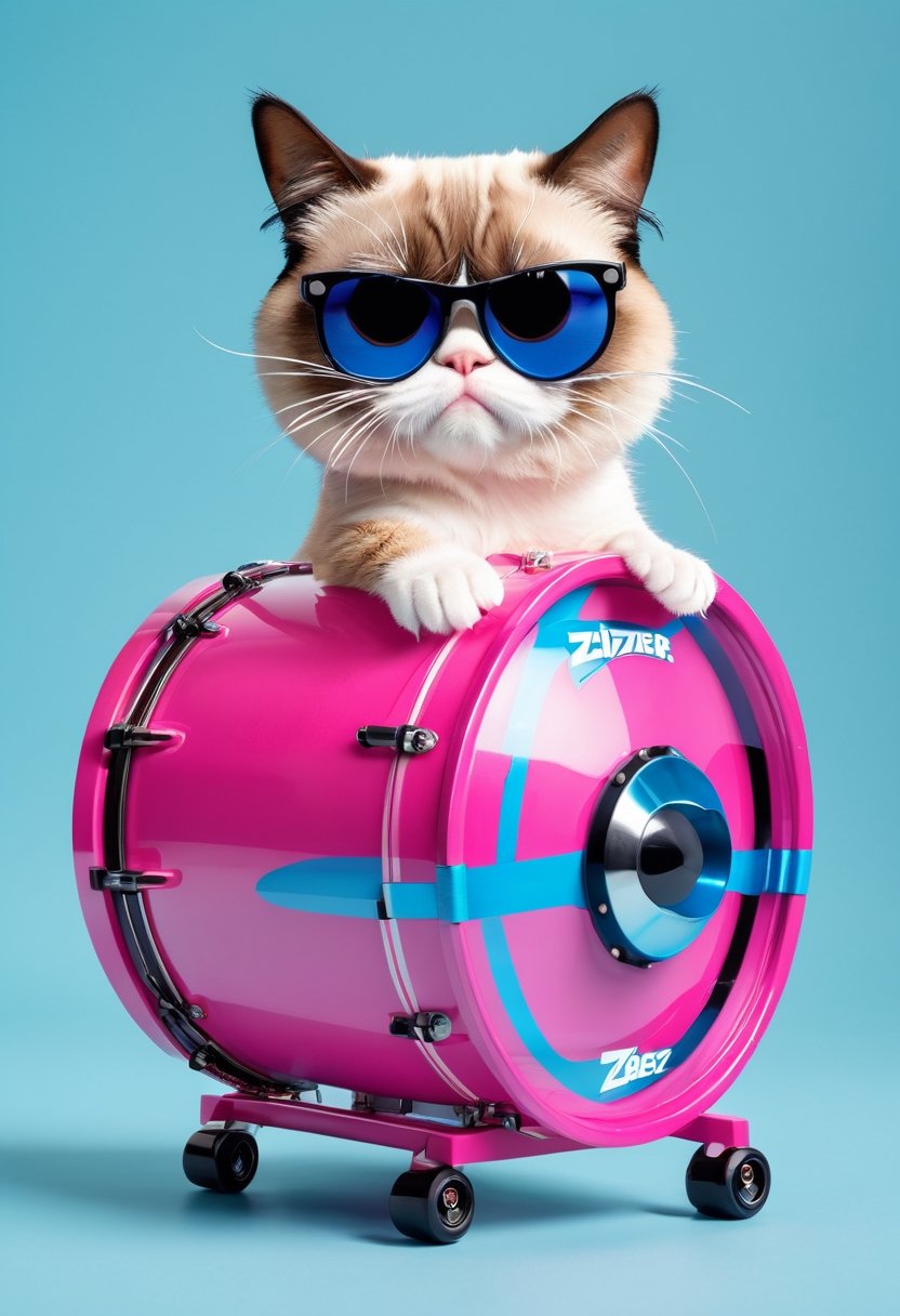 Grumpy Cat as pink mechanical toy wearing sunglasses and blue and black striped flip-flops that beats a bass drum bearing the Energizer logo.