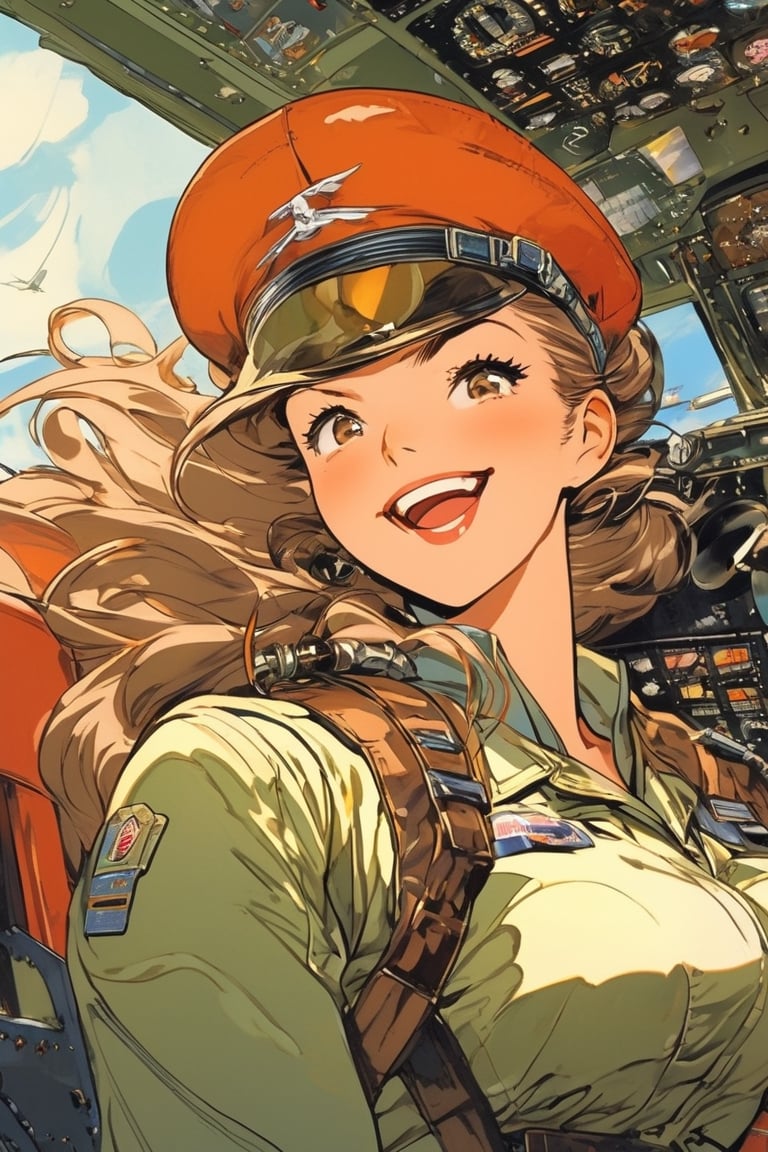 Anime Network, Female Pilot, laughing, bored expression, inside WW2 airplane cockpit, art by Masamune Shirow, art by J.C. Leyendecker . anime style, key visual, vibrant, studio anime