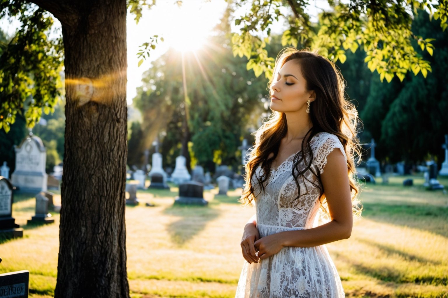 Photo.  Profile of a woman in a lace summer dress, She is facing the sun with her eyes closed beside a tree.  Morning sun. Background is a cemetery