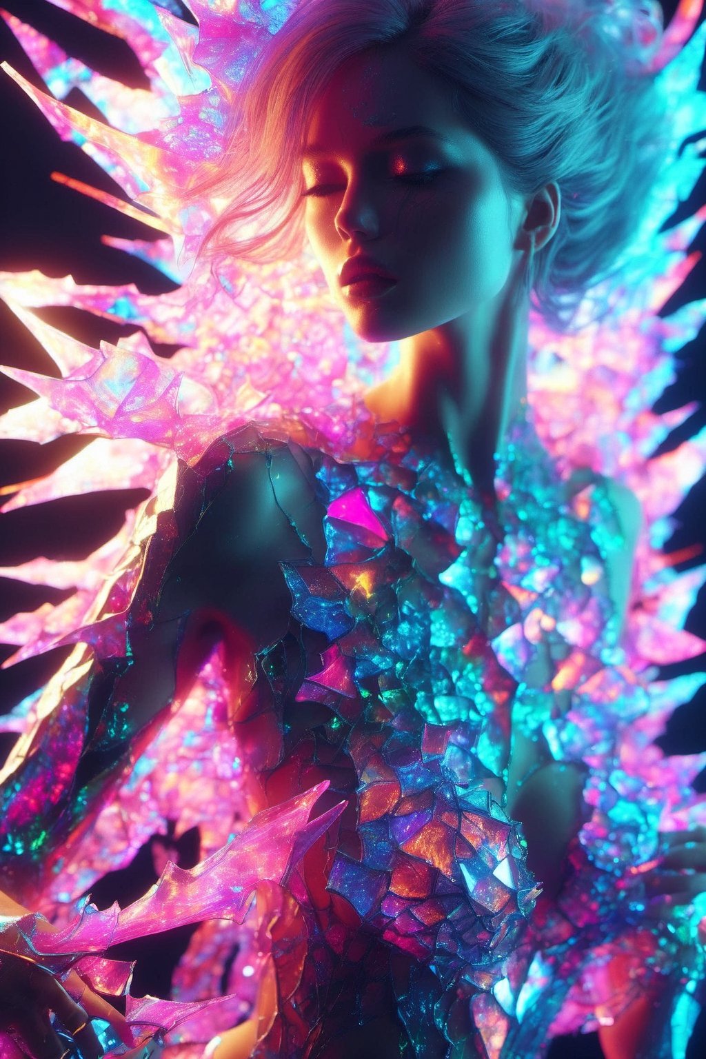 Fantasy Drawing, CGI, Female Model, Fragmented fractal glass flames, neon glow, vibrant colors