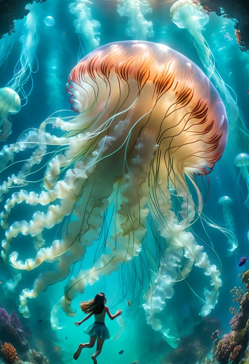 through the transparent barrier of an underwater observation pod, a terrified young girl gazes wide-eyed at the colossal figure of a Lion’s Mane Jellyfish. The glass wall magnifies the immense Jellyfish's size, highlighting its tentacles and baggy fluid-like body and vibrant bioluminescence colors. The girl's fear is palpable, her small frame contrasted against the overwhelming might of the ancient creature outside. The underwater scene is enveloped in an eerie blue-green glow, illuminated by the pod's artificial lighting. This tense and dramatic moment is captured as a hauntingly realistic photograph, taken with a telephoto lens that captures both the intricate details of the Lion’s Mane Jellyfish features and the raw emotion etched across the girl's face.