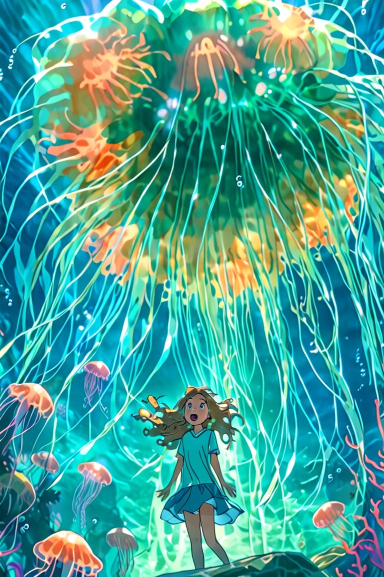 through the transparent barrier of an underwater observation pod, a terrified young girl gazes wide-eyed at the colossal figure of a Lion’s Mane Jellyfish. The glass wall magnifies the immense Jellyfish's size, highlighting its tentacles and baggy fluid-like body and vibrant bioluminescence colors. The girl's fear is palpable, her small frame contrasted against the overwhelming might of the ancient creature outside. The underwater scene is enveloped in an eerie blue-green glow, illuminated by the pod's artificial lighting. This tense and dramatic moment is captured as a hauntingly realistic photograph, taken with a telephoto lens that captures both the intricate details of the Lion’s Mane Jellyfish features and the raw emotion etched across the girl's face.