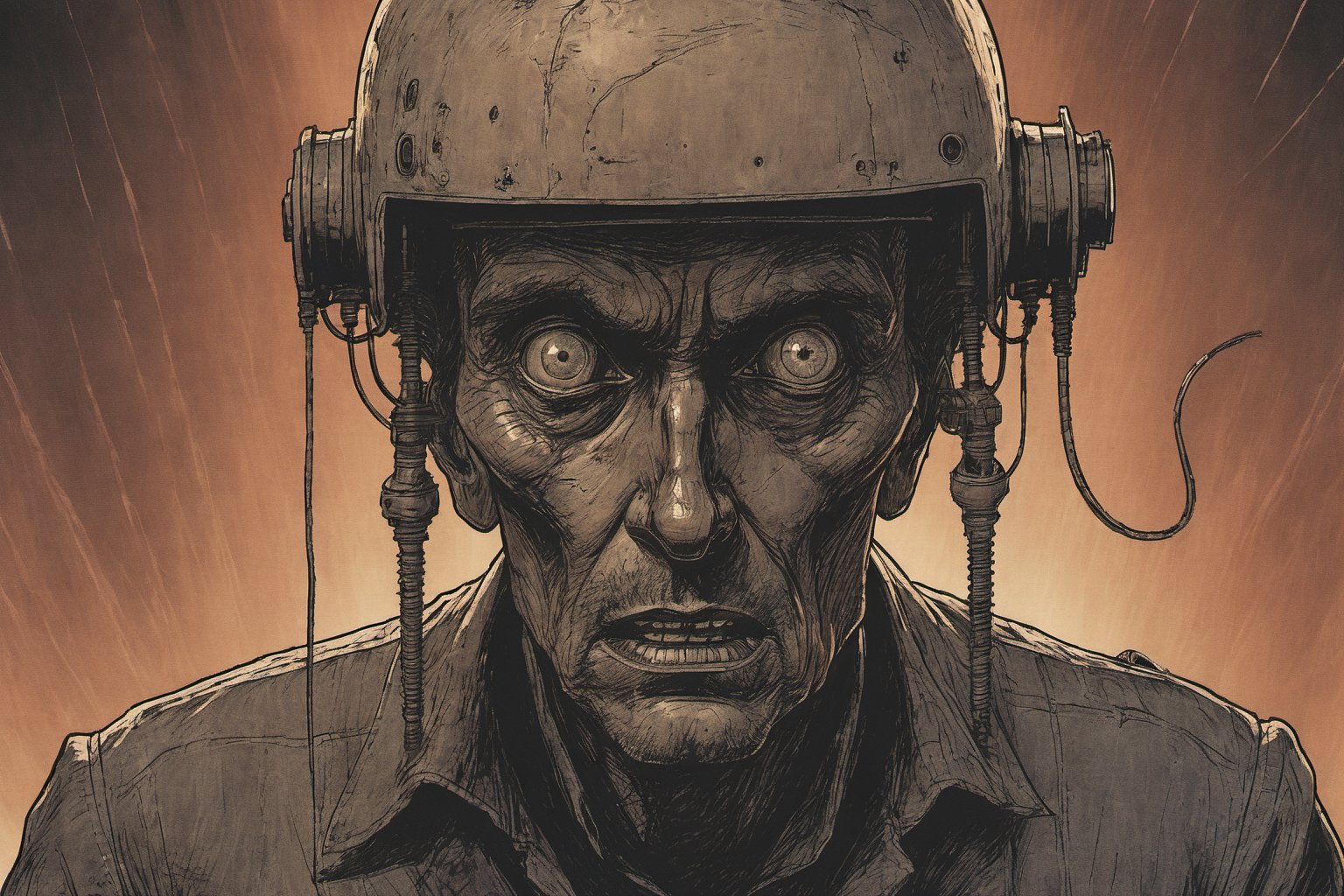 Closeup of the frightened face of the narrator of War of the World, looking up at a Martian Tripod Machine with three legs