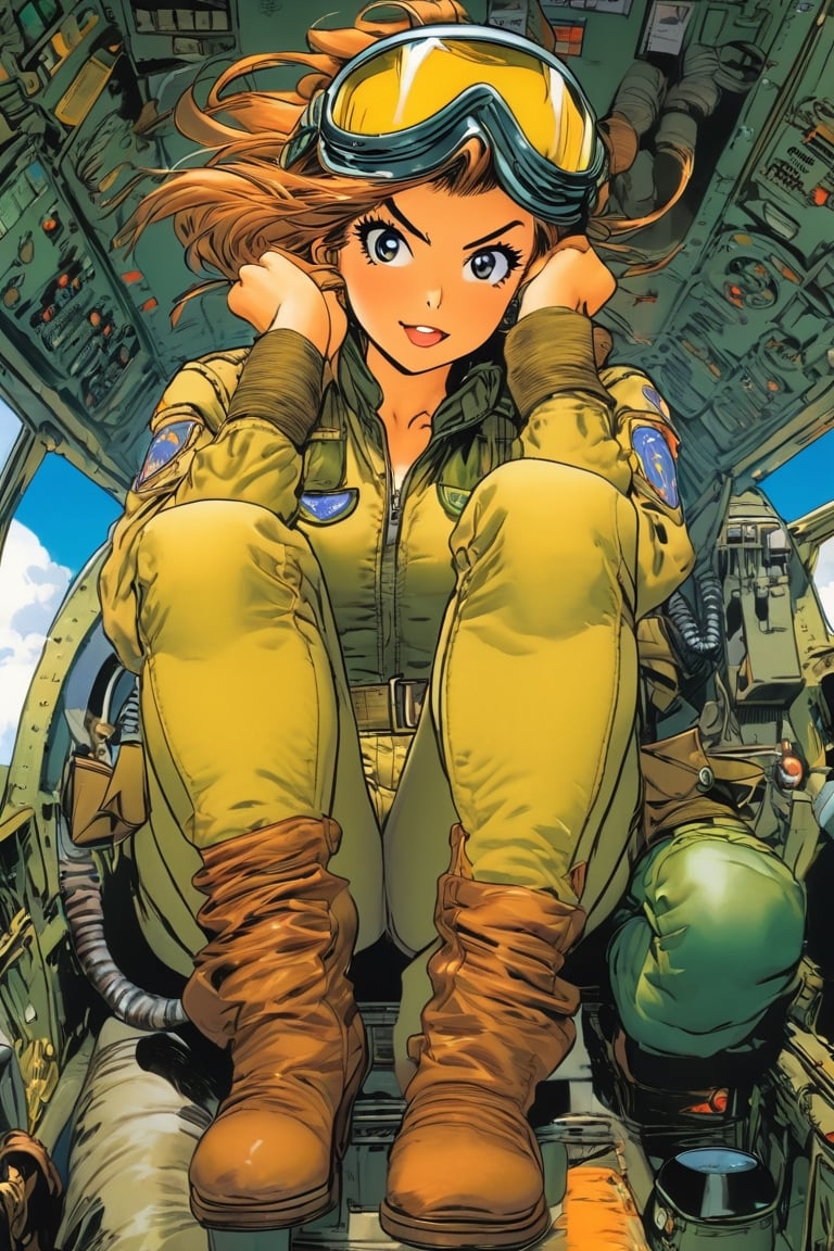 Anime Network, Female WW2 Pilot, bored expression, sitting inside fighter airplane, art by Masamune Shirow. Anime style, key visual, vibrant, studio anime