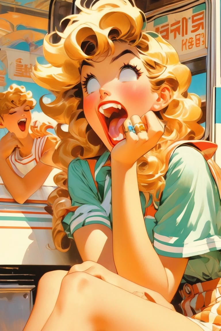 Anime network, girl, bored expression, yawning, sitting beside an icecream truck, art by J.C. Leyendecker . anime style, key visual, vibrant, studio anime