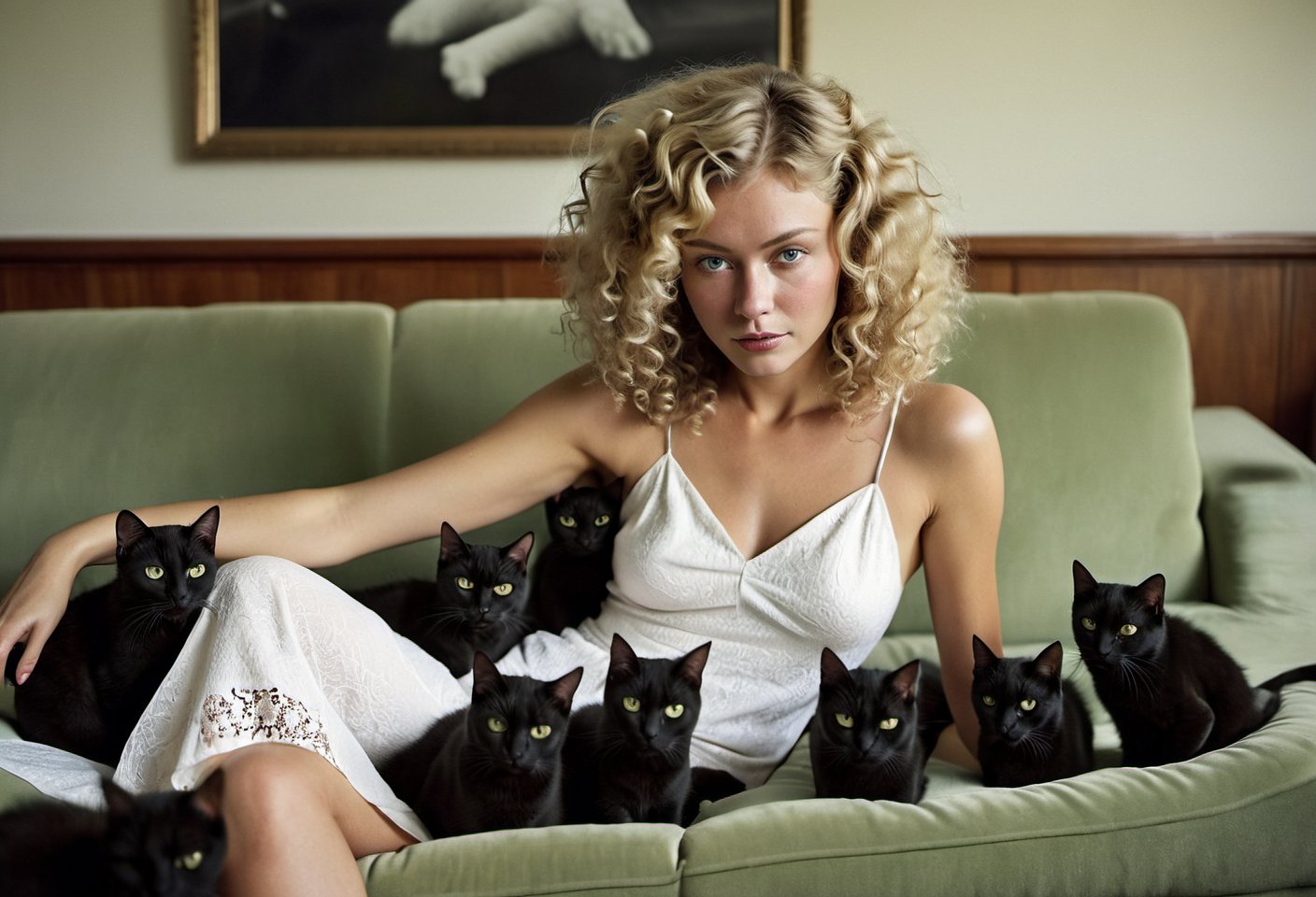 Photo of a blonde woman, perm wavy hair, white sundress, on sofa, surrounded by a group of black cats. Fine art photography, iconic, dynamic angle, dynamic pose, macro, photograph, sharp, focussed, Lomography Color 100, F/14, World-renowned, (designed by Olivier Valsecchi:1.2), beautiful detailed supreme quality color intricate, extremely stylish, deep aesthetic, sharp focus, magnificent, dynamic dramatic composition