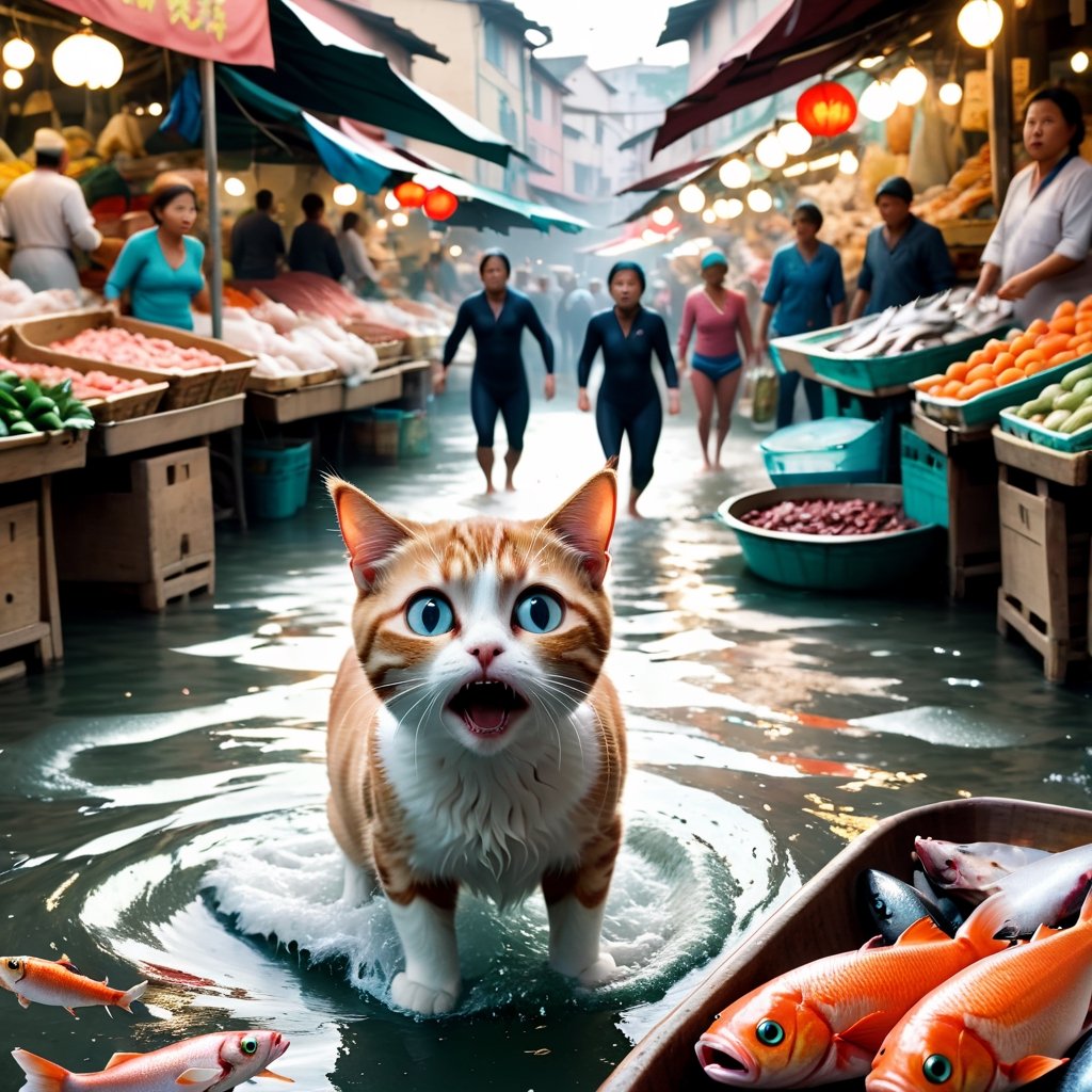 Cinematic still of cat,  scared, body surfin with fish in a market
