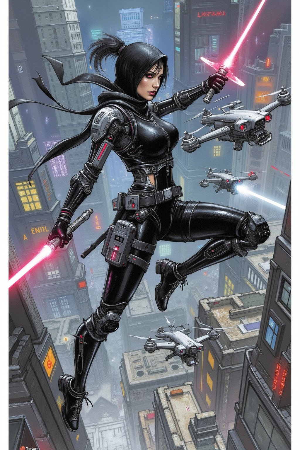 Finely intricate details, lots of pencil strokes, a color masterpiece comics scribbled illustration, A cybernetic female ninja clad in sleek black leather, mid-action as she leaps off a hovering drone. Her body is a blend of human and advanced robotics, with glowing circuits running through her limbs. In her hand, she wields a glowing lightsaber, slicing through the air with a vibrant neon blade. Her expression is fierce and determined, with glowing red eyes reflecting the intensity of the fight. The futuristic cityscape below her is filled with neon lights, towering buildings, and other drones buzzing around. The dynamic action captures the essence of high-tech combat and stealth.