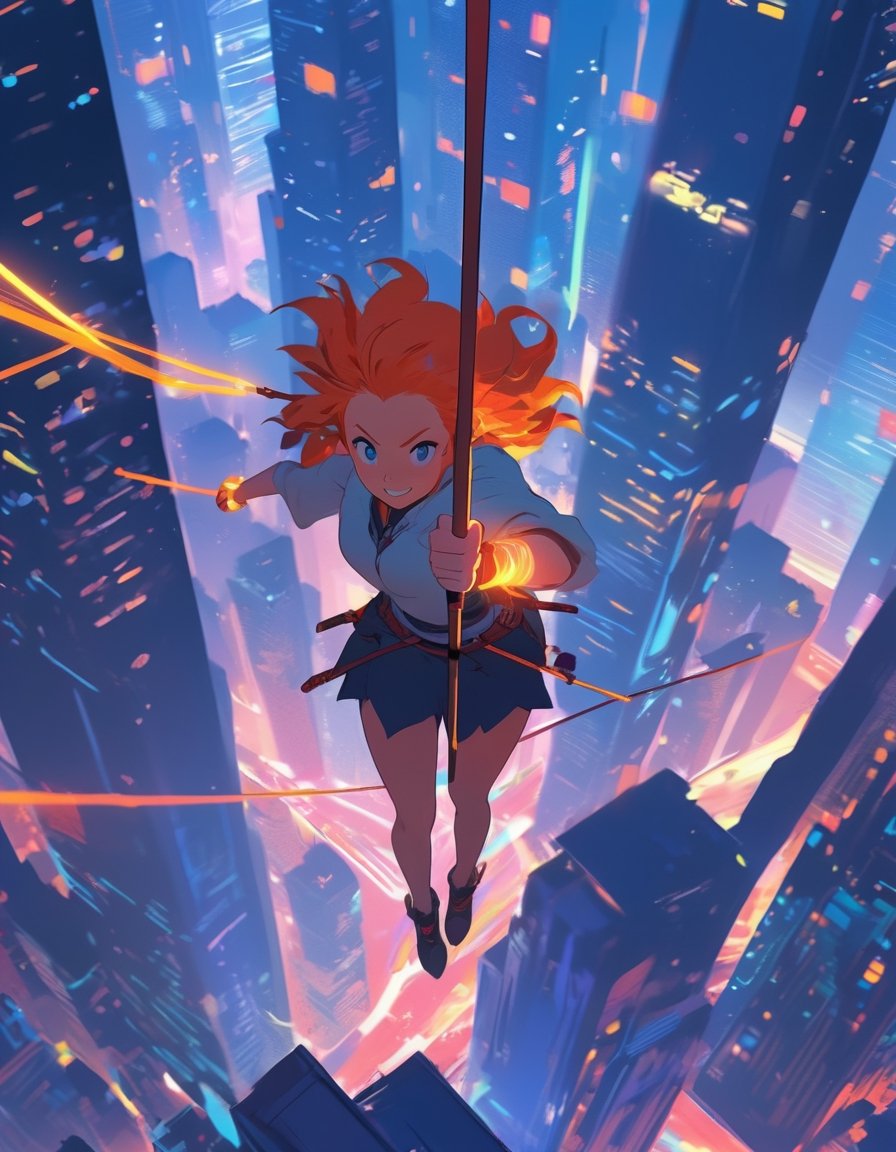 Anime Network, woman, ginger tightrope walking, holding long pole with both hands, on top of skyscrappers, art by Atey Ghailan, rossdraws global illumination, a storybook illustration. Anime artwork,  anime style,  key visual,  vibrant,  studio anime,  highly detailed