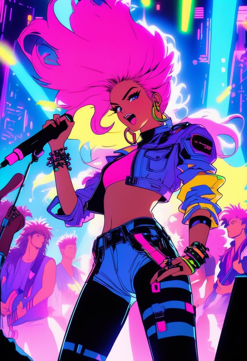 Anime artwork, high quality photograph from below, taken from the crowd, focus on full body shot of Jem and the Holograms, performing on stage, Spotlights and bright colorful music show lights, silhouetted crowd of people around the photographer, Jem singing on a mic, and her band mates in the background playing their instruments, 80s/90s aesthethic, cyberpunk style, cyberwear, extreme upward angle, sfw