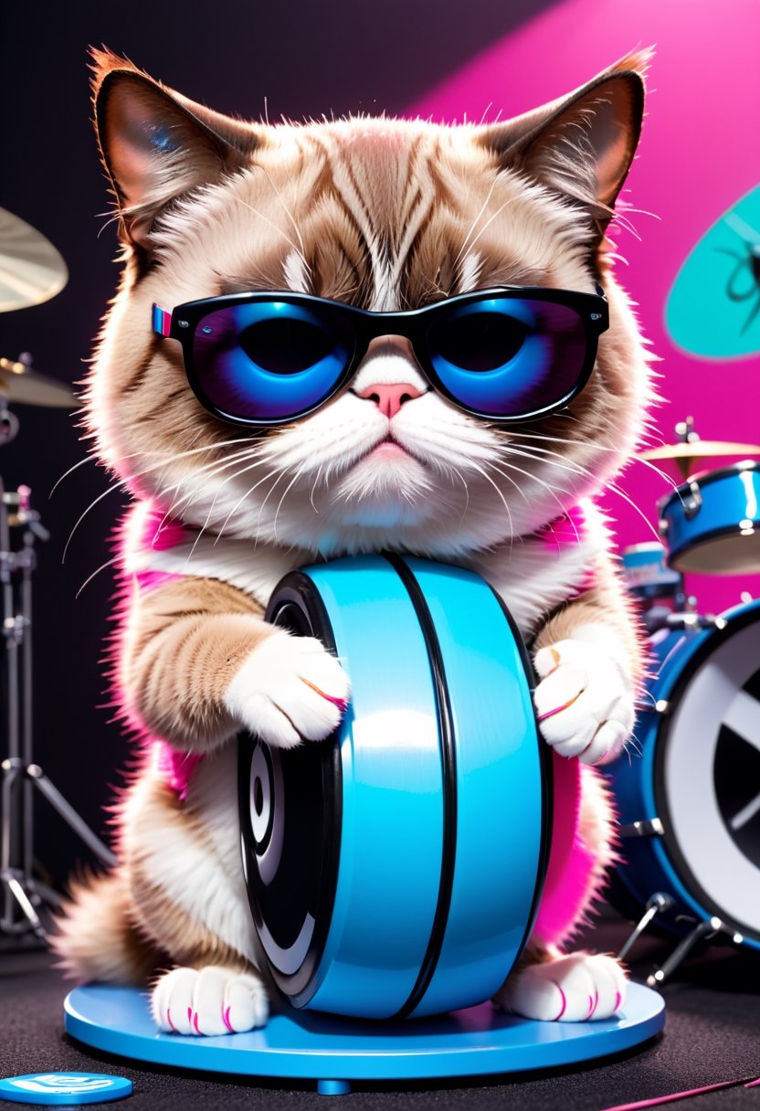 Grumpy Cat as pink mechanical toy wearing sunglasses and blue and black striped flip-flops that beats a bass drum bearing the Energizer logo.