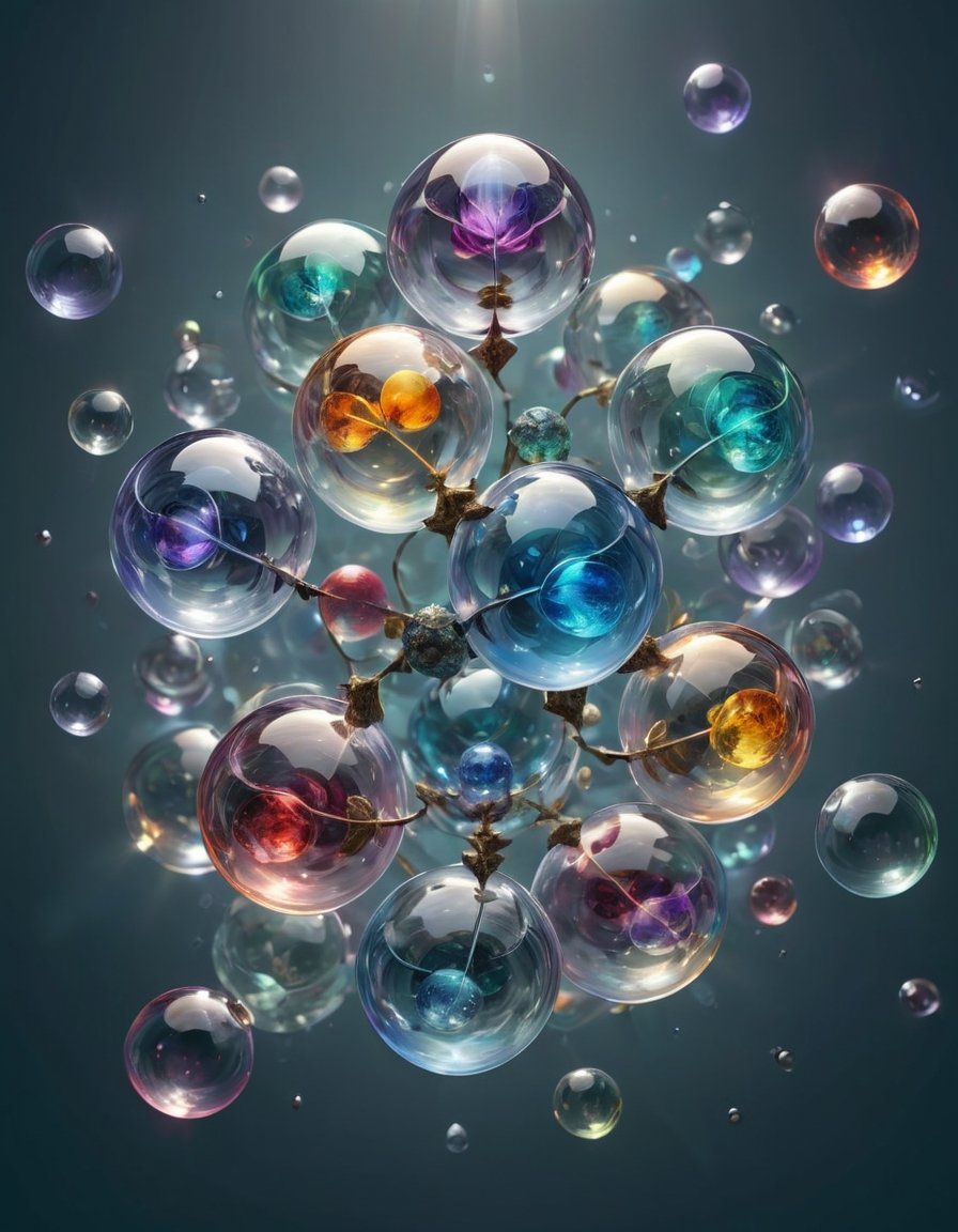 Fantasy image of floating transparent spheres arranged in symmetrical pattern, each representing symbolic elemental multicolor, highly detailed.  Simple background