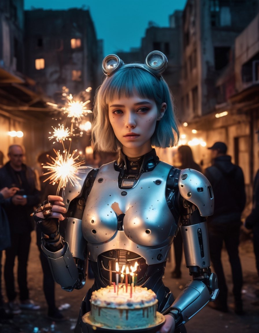 Photo of a sad android girl, led eyes, with metallic robot body, holding a sparkler beside her birthday cake, surrounded by her family. A crumbling cyberpunk ruin in the background, night scene