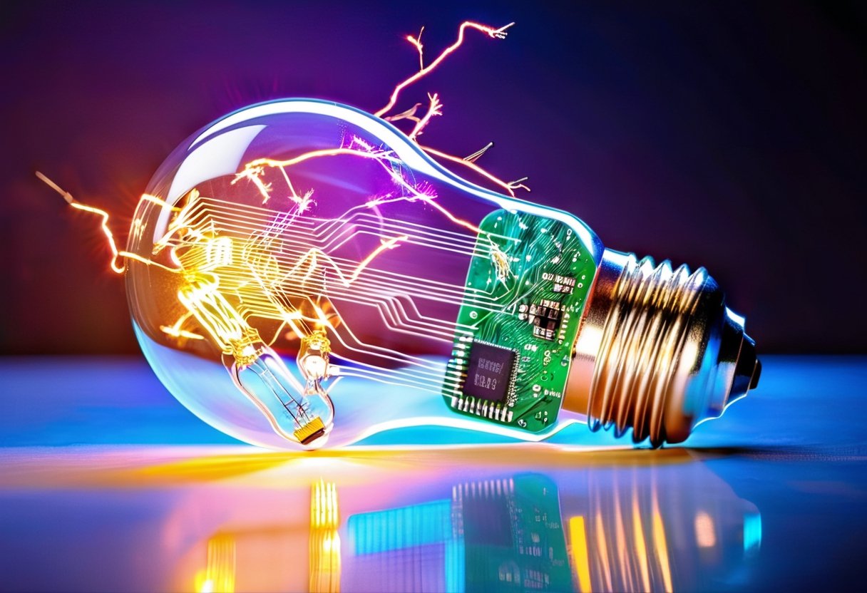 Lightbulb with circuit board and LED filament inside, lying on on shiny, reflective suprface, vibrant color, glowing electrical sparks flying, 3l3ctronics