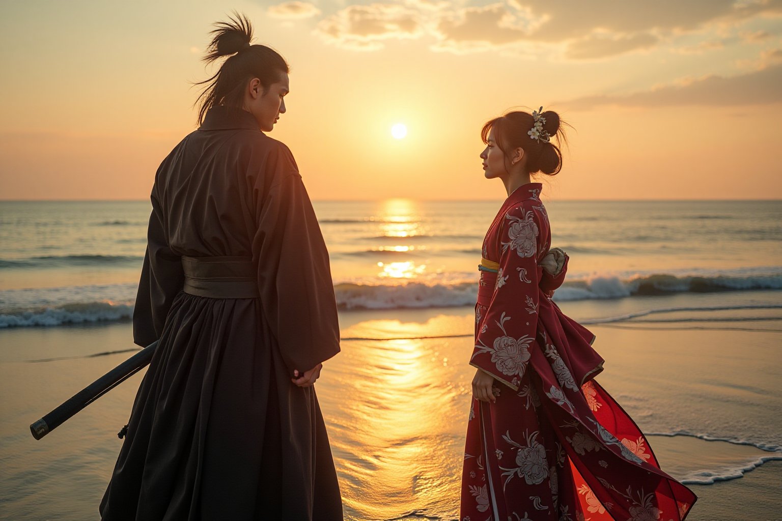 Photography. A deeply emotional and dramatic scene between a ronin and his girlfriend at a seaside, set during their final goodbye. The ronin, dressed in worn-out traditional samurai robes, stands solemnly with his hand resting on the hilt of his katana. His girlfriend, wearing a flowing kimono, stands far apart from him, her expression filled with sorrow and longing. They are gazing intensely at each other, the distance between them symbolizing the emotional rift as they say their farewells. The backdrop is a serene, yet melancholic, seaside with waves gently lapping at the shore, and the setting sun casting long shadows and a golden glow over the scene. The sky is painted with hues of orange and pink, adding to the bittersweet atmosphere. The overall composition captures the profound emotion of separation and unspoken love.,