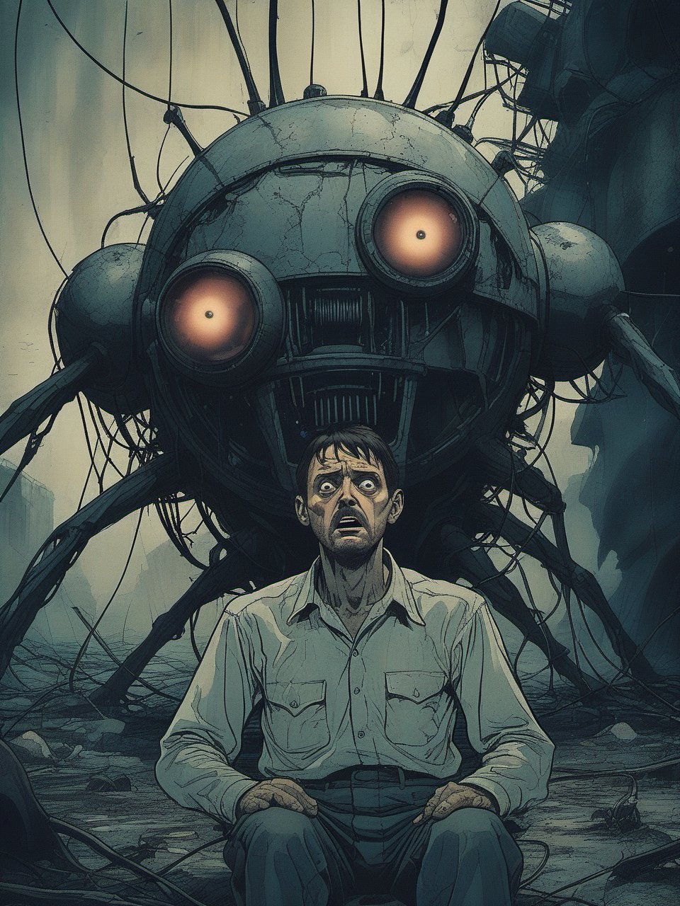 Closeup of a frightened man, the narrator of War of the World, facing a Martian Tripod Machine with three legs