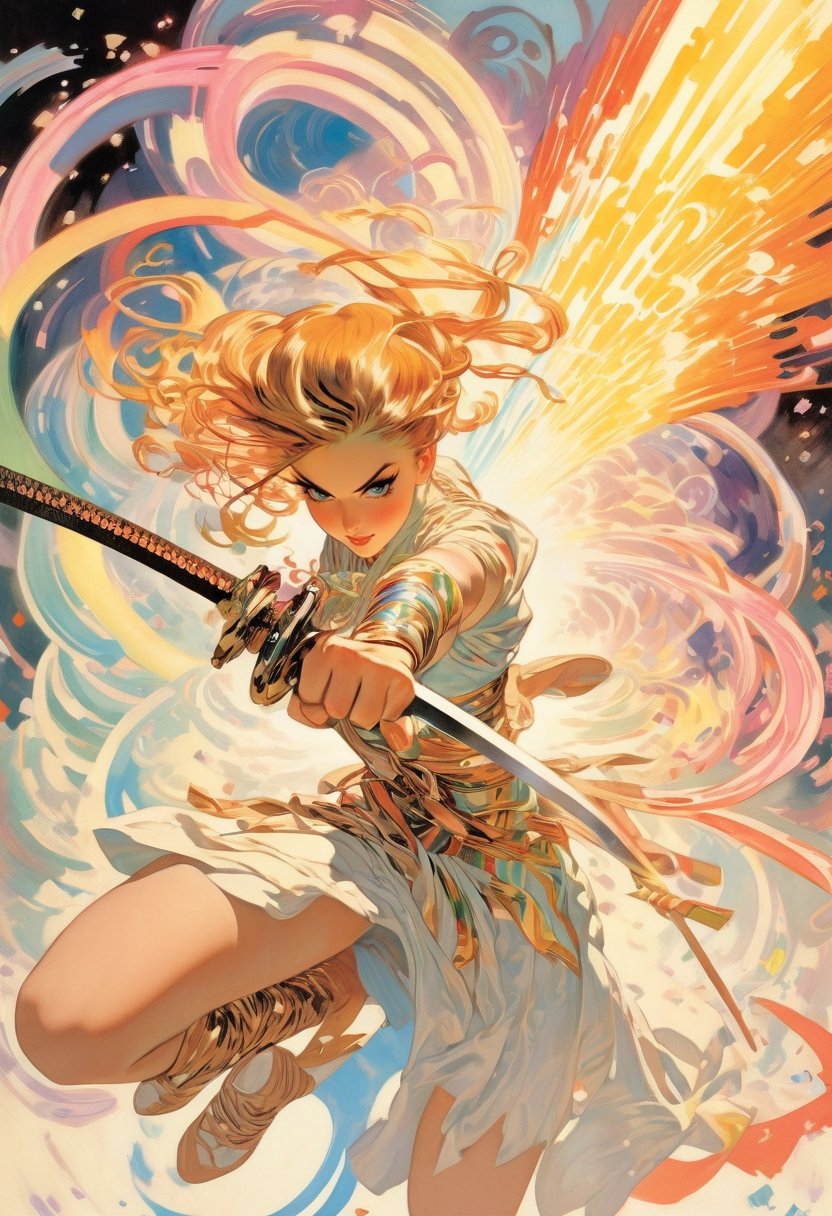 Anime artwork. Girl plunges a sword into the ground, rainbow-colored energy swirling around her, art by J.C. Leyendecker