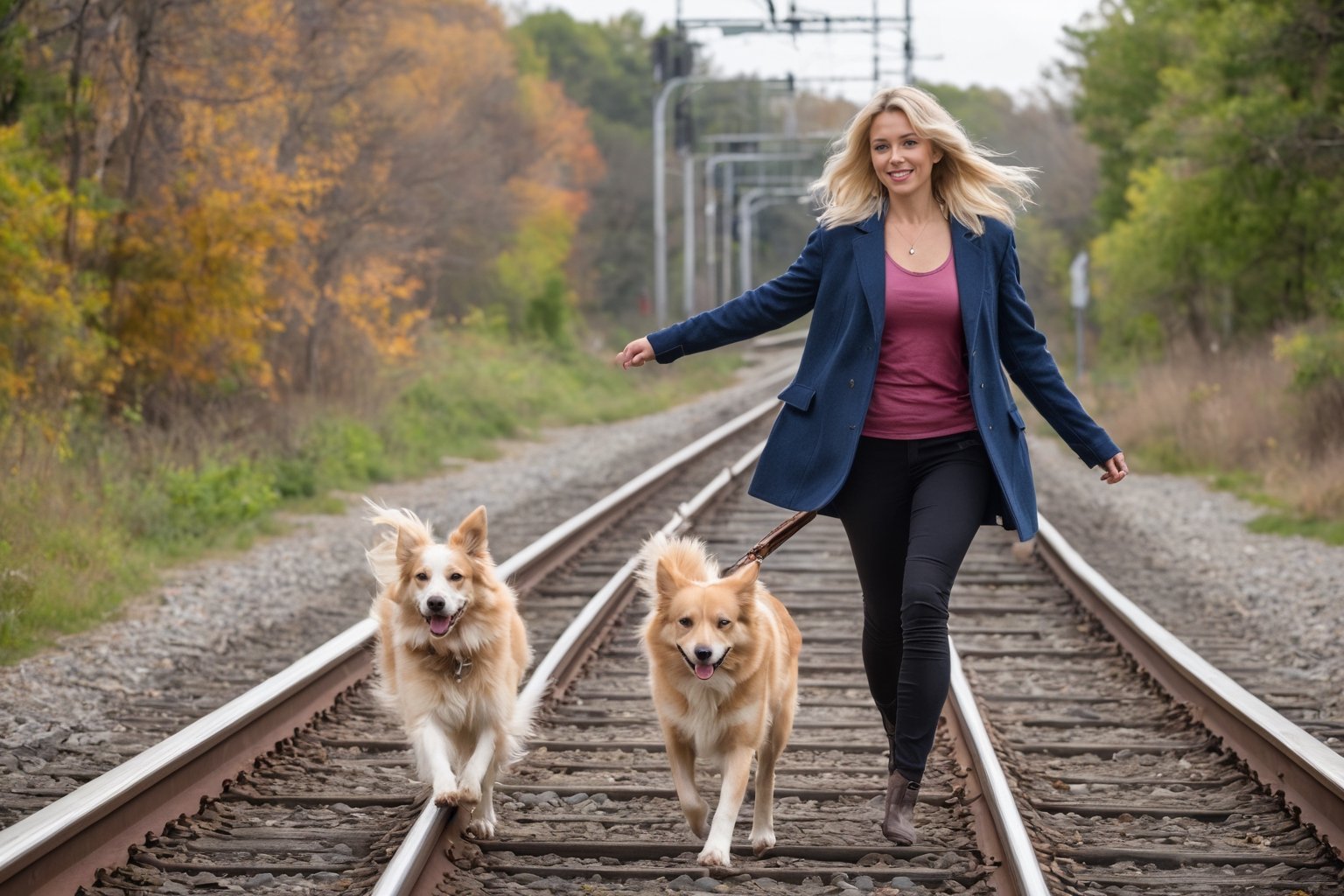 Photo of a blonde woman, arm stretched for balance, walking heel-to-toe on a single train rail. Her dog, a playful and energetic breed, trots along the rail beside her.