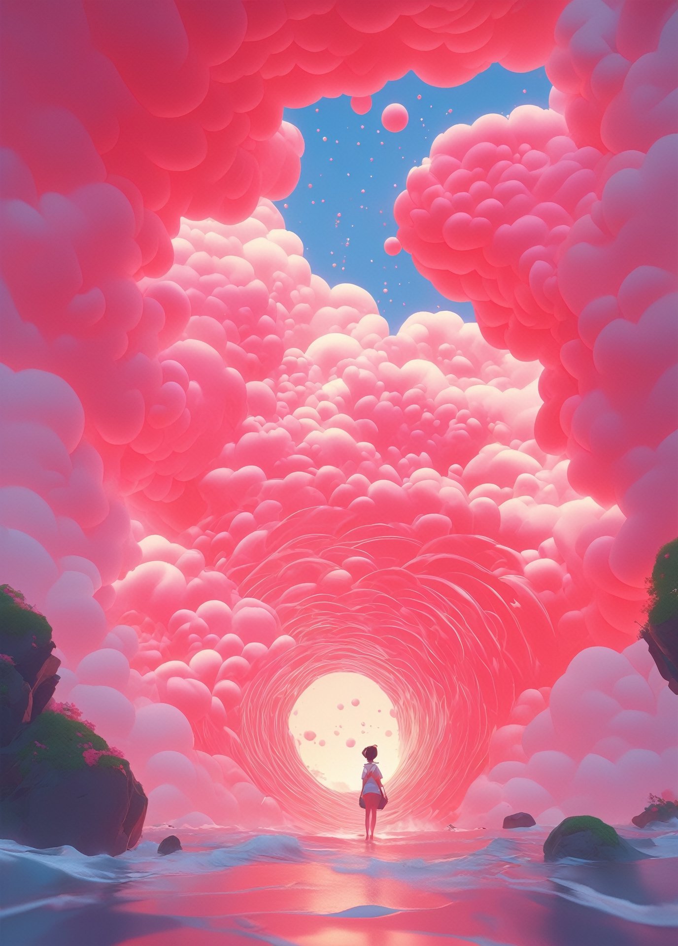 strybk, 3d, bright pink sun, coral cloud formed spiral. tunnel effect, sunrise, oil painting, heavy strokes, surreal, paint dripping, digital art, concept art, surrealistic anime style, kawaii, octane render, hyperdetailed, magic, fantasy, fairy. Genshin Impact, Neimy Kanani, raphael, makoto shinkai style, disney, Lois van Baarle (Loish), Ilya Kuvshinov, Ross Tran (aka Rossdraws), Studio Ghibli, James Gilleard, artstation, 4k, symmetrical, soft lighting, trending on artstation, intricate details, highly detailed, pencil drawing, sketching, unreal engine, kids story book style, muted colors, watercolor style