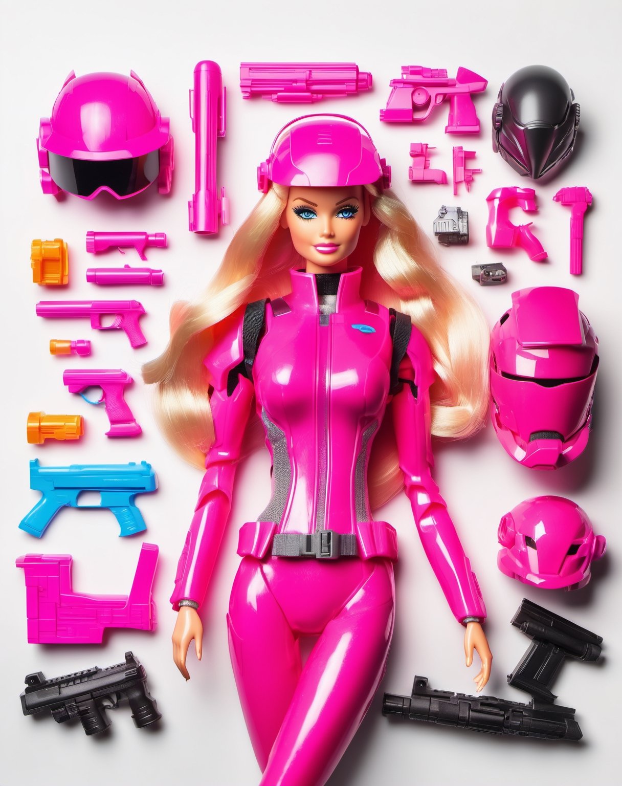 Unopened Toy box of Barbie doll, blonde hair, plastic body, cyberpunk, VR helmet and pink cyberpunk armor, laser gun , flat lay photography, object arrangement, knolling photography, white background