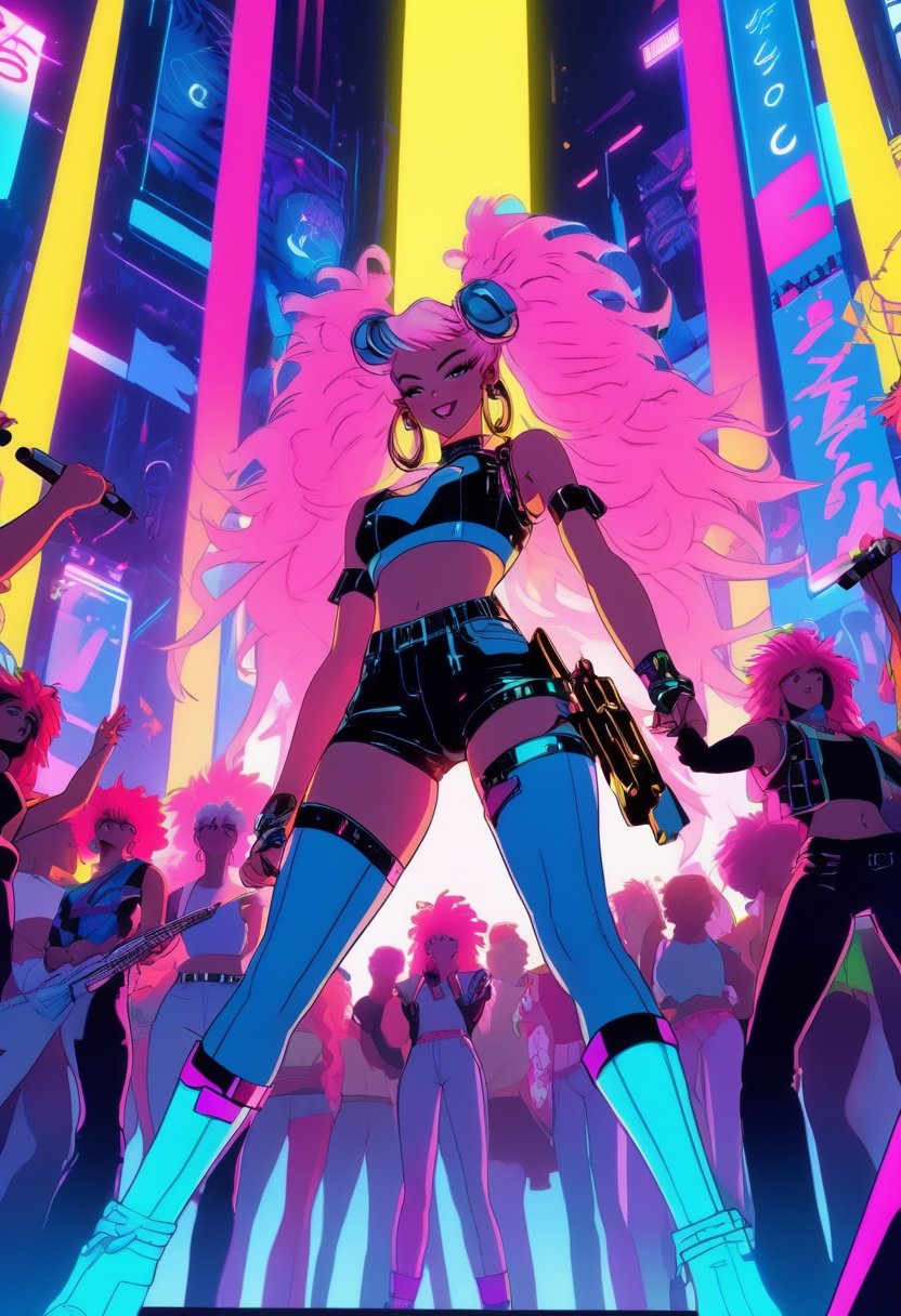 Anime artwork, high quality photograph from below, taken from the crowd, focus on full body shot of Jem and the Holograms, performing on stage, Spotlights and bright colorful music show lights, silhouetted crowd of people around the photographer, Jem singing on a mic, and her band mates in the background playing their instruments, 80s/90s aesthethic, cyberpunk style, cyberwear, extreme upward angle, sfw, CGI, 3D rendering