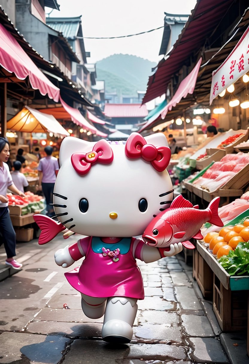 Hello Kitty holding a fish, running away in a market