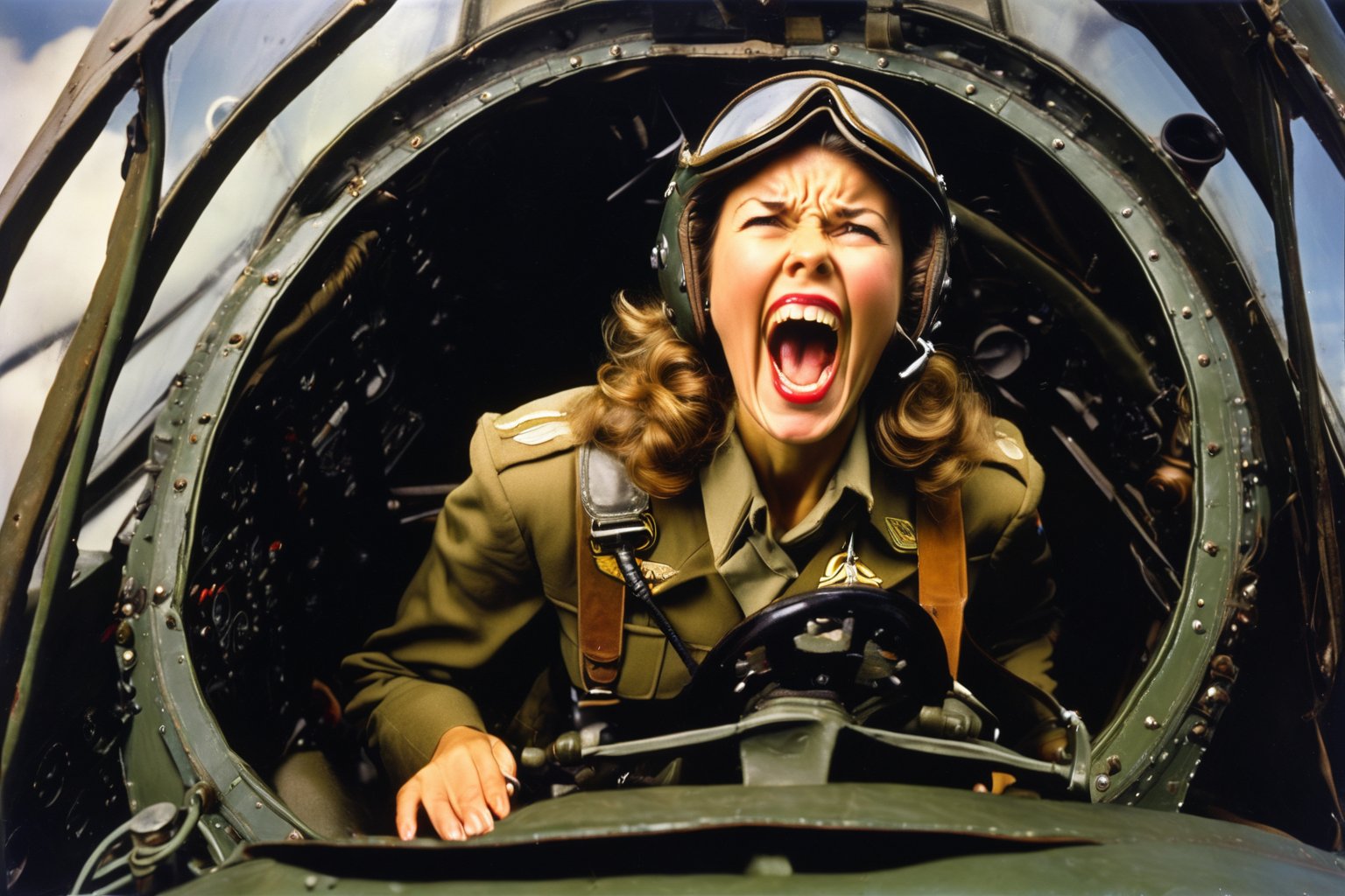 Photo, Female pilot, screaming, inside cockpit, ww2, canon 5d mark 4, kodak ektar, art by J.C. Leyendecker