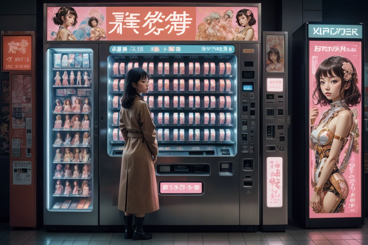 Photo of a young Japanese woman being sold from a futuristic, high-tech vending machine. The vending machine is filled with various female figures, each representing a different type of companion. Style by J.C. Leyendecker, Canon 5d Mark 4, Kodak Ektar, neon light