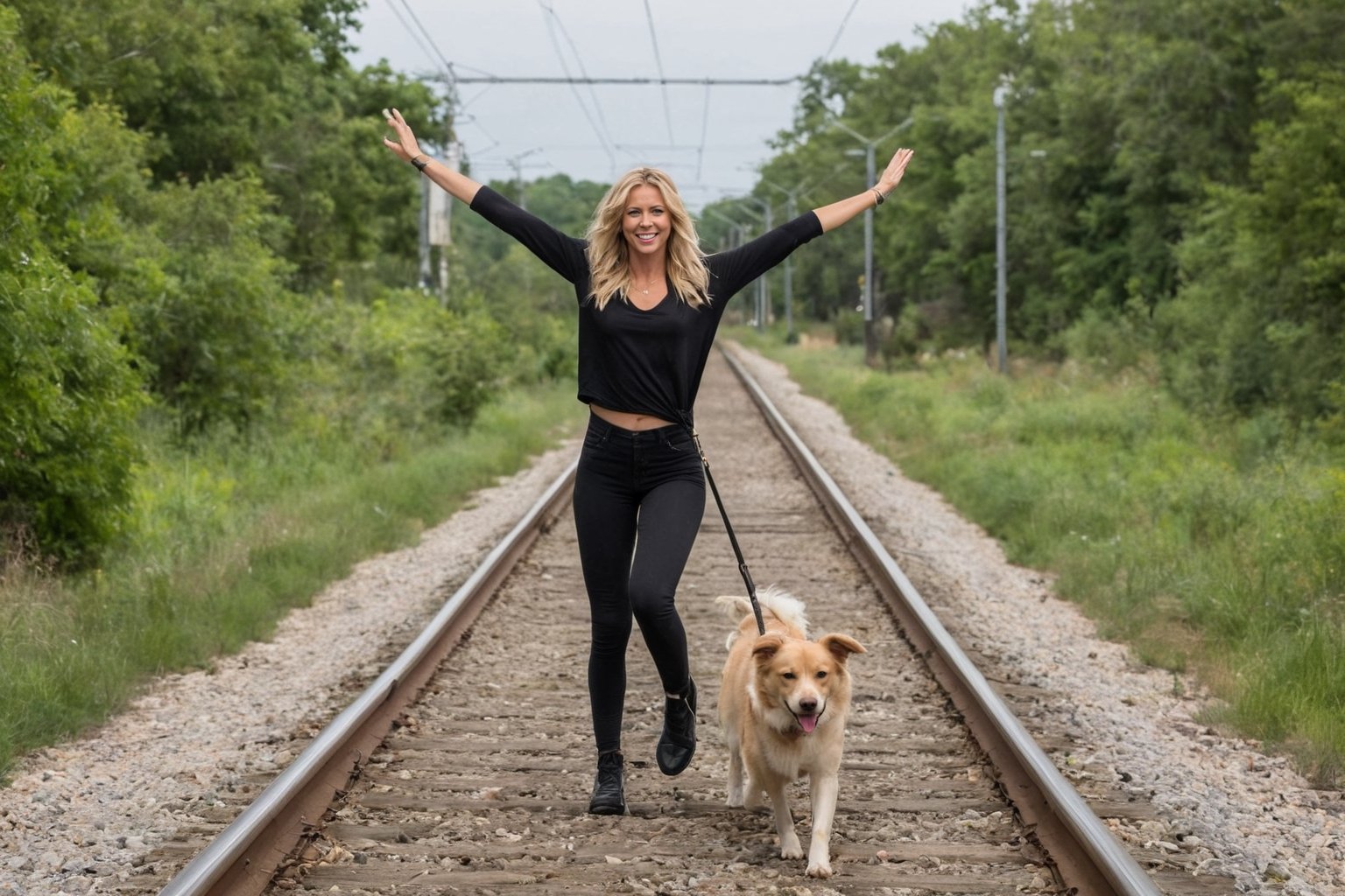 Photo of a blonde woman, arm stretched for balance, walking heel-to-toe on a single train rail. Her dog, a playful and energetic breed, trots along the rail beside her.