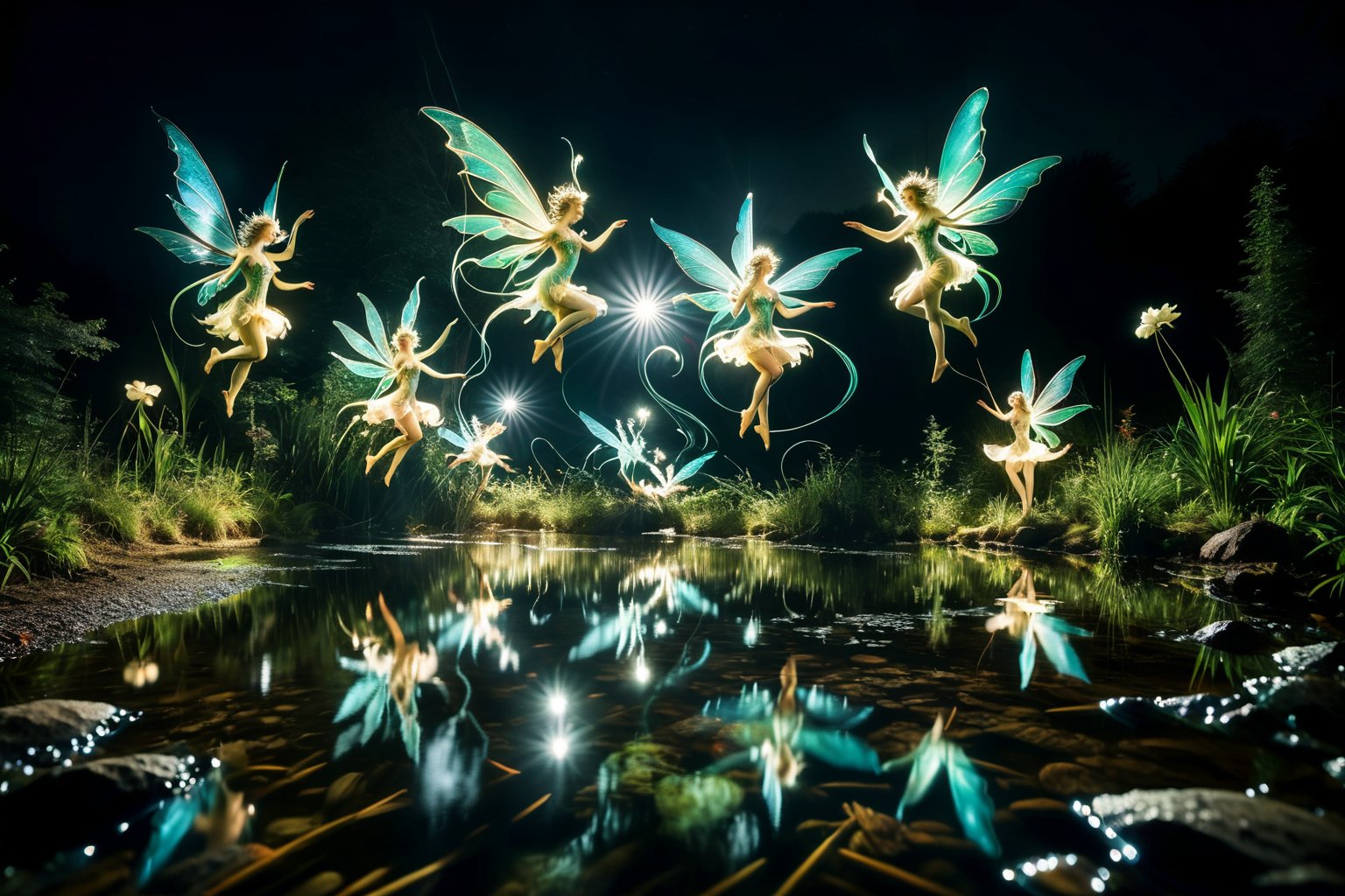 A group of water faeries gliding over a pond, reflections in the water, night scene. ral-exposure, in the style of double exposure, neon art nouveau, long exposure, 