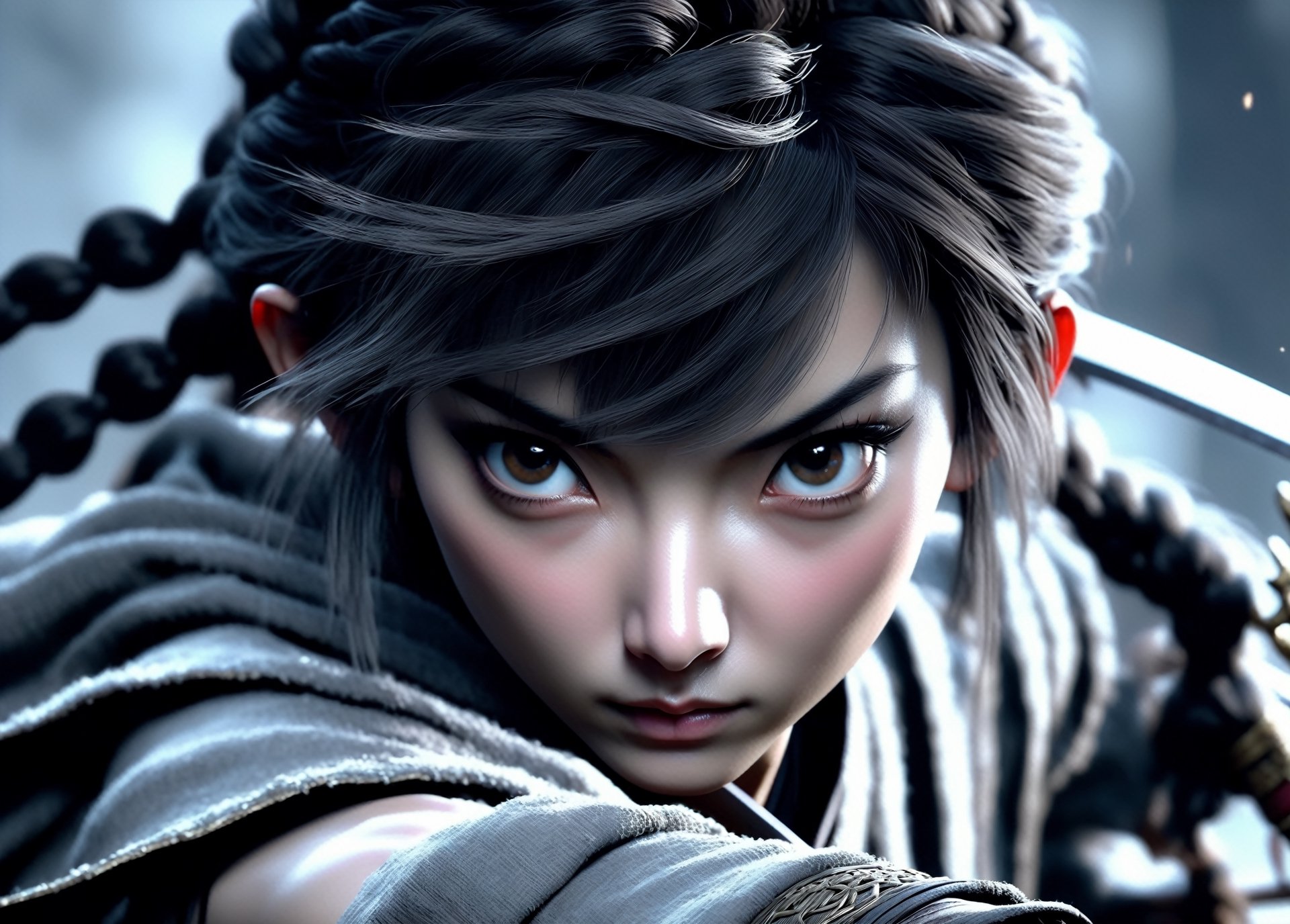 Chinese ancient style, black and gray tones, hazy feeling, sword fairy, movie shot, photo realism, shot from a low angle, a young heroine, very handsome, big eyes, focused on eyes, close-up, high cold, crazy details, movie lighting, ultra high definition, cg rendering, volume lighting, unreal engine