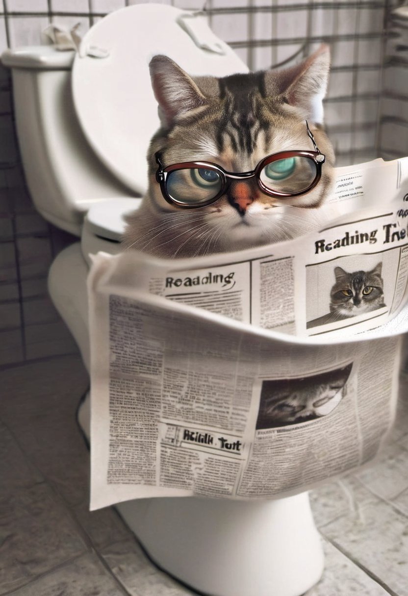 Photo of a cat, wearing bifocals, reading newspaper, sitting on a toilet