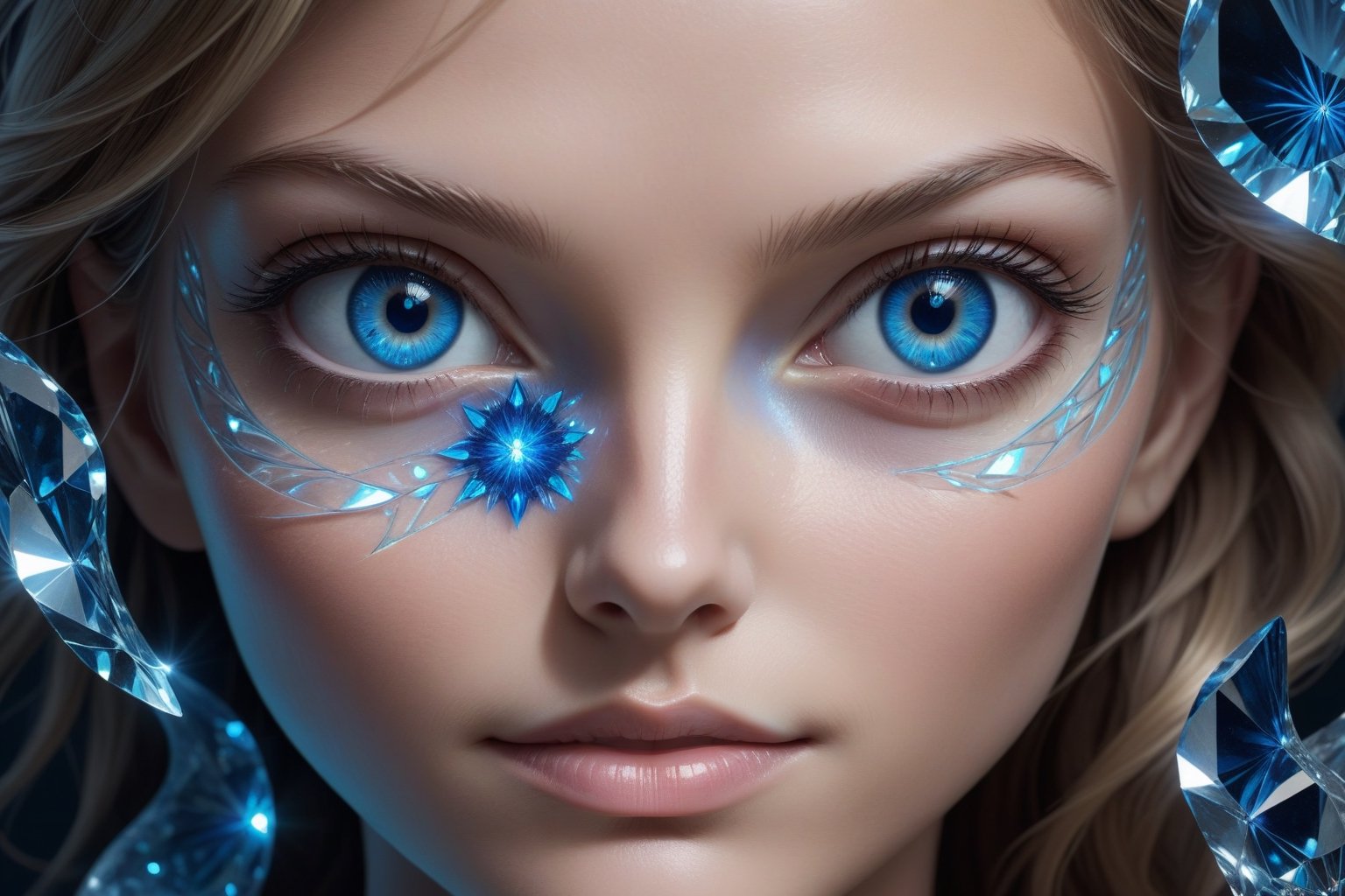 a woman's face, bright blue eyes, bathed in a radiant glow, with her features artistically distorted by a complex blue crystal pattern resembling a III-nitride photonic crystal. This pattern should amplify the light from her skin, resulting in a captivating display of luminescence. Her eyes, wide and filled with wonder, should appear to look deeply into the viewer's soul, conveying an invitation to appreciate the profound beauty of this scientific marvel